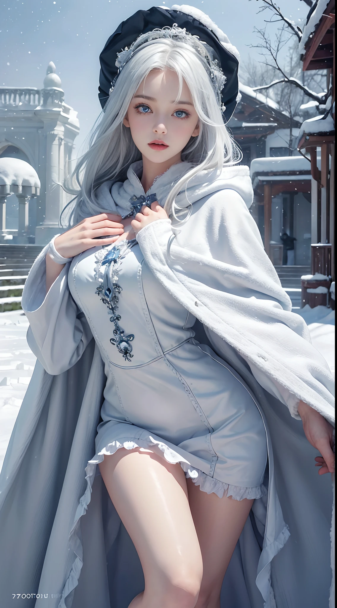 Photorealistic, high resolution, 1 Women, Solo, (Lace briefs),Bare chest、Face the audience,delicated face,upper legs, beautidful eyes, White hair, ringed eyes, (outside,Heavy snowfall,Cloak,Cover with snow),snowfield、Seductive breasts、huge tit、Detailed eyebrows、A detailed eye、Detailed lips、Detailed mouth、Seductive thighs、long whitr hair、Disheveled hair、