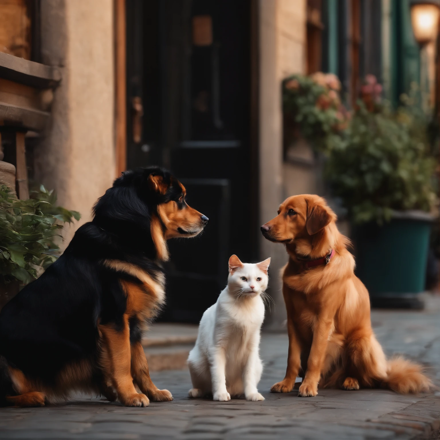 A dog and cat on the street