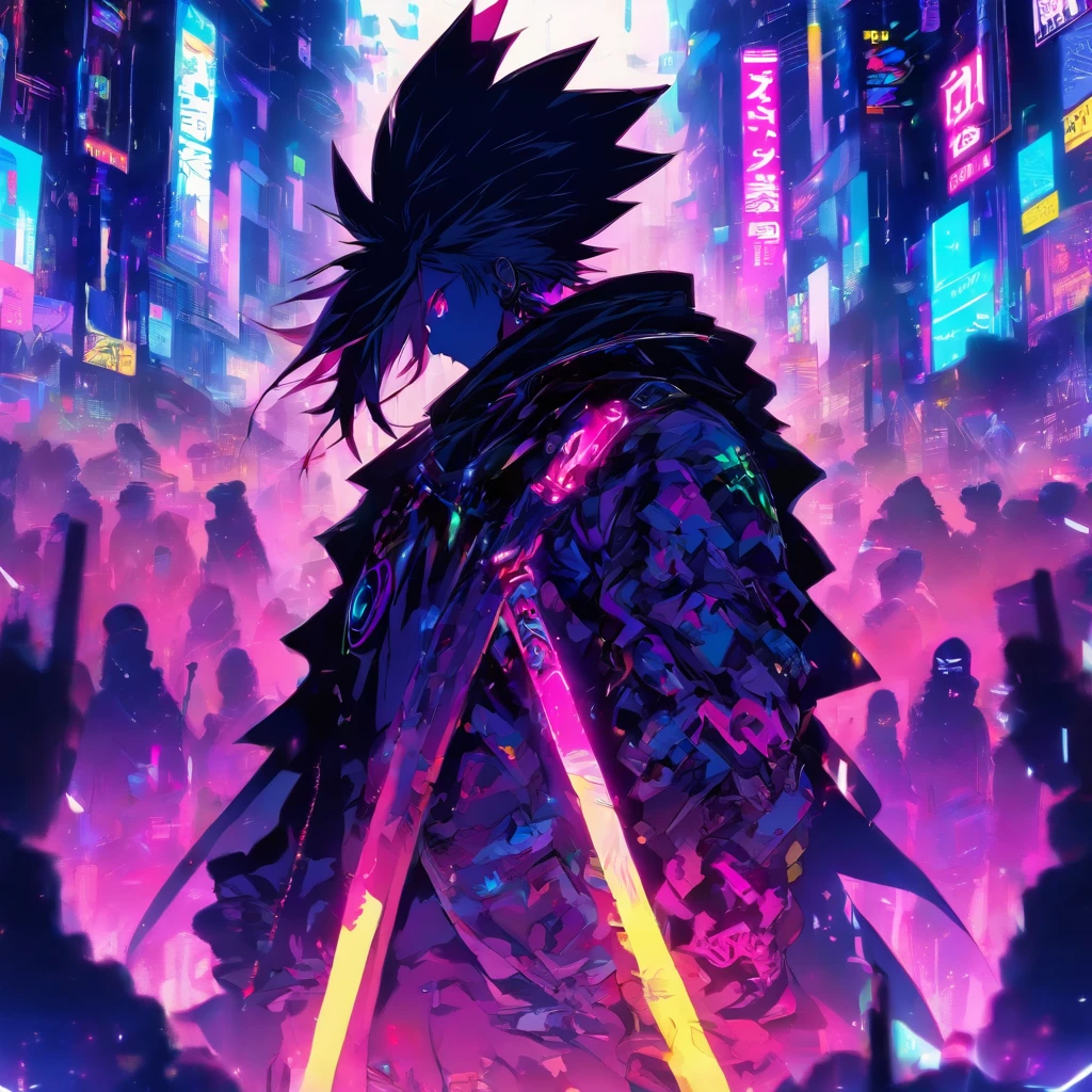The male stands in the middle,With his back to the audience, his expression and posture are confused and confident, he's surrounded by a lot of invisible screens, he's wearing a hoodie, it's a cyberpunk environment, the background is white, the male is holding a big sword, and he's wearing headphones