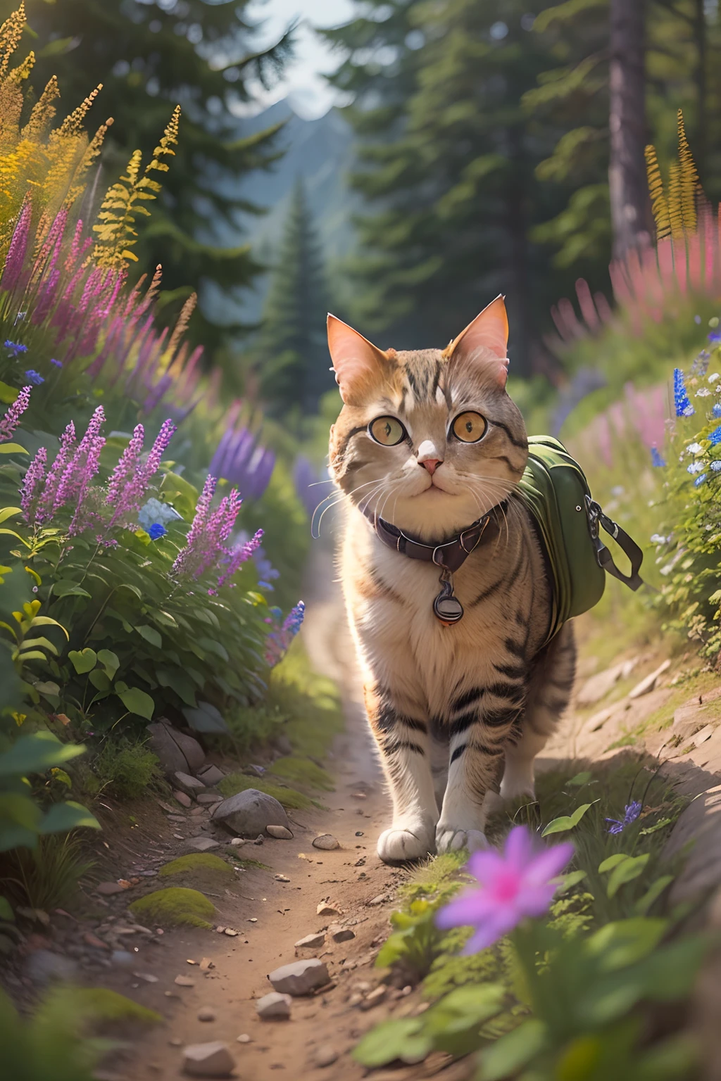 A round-eyed cat with a hiking bag on its back, On the forest trail, Face the lens, wildflowers,Far Mountain, ln the forest