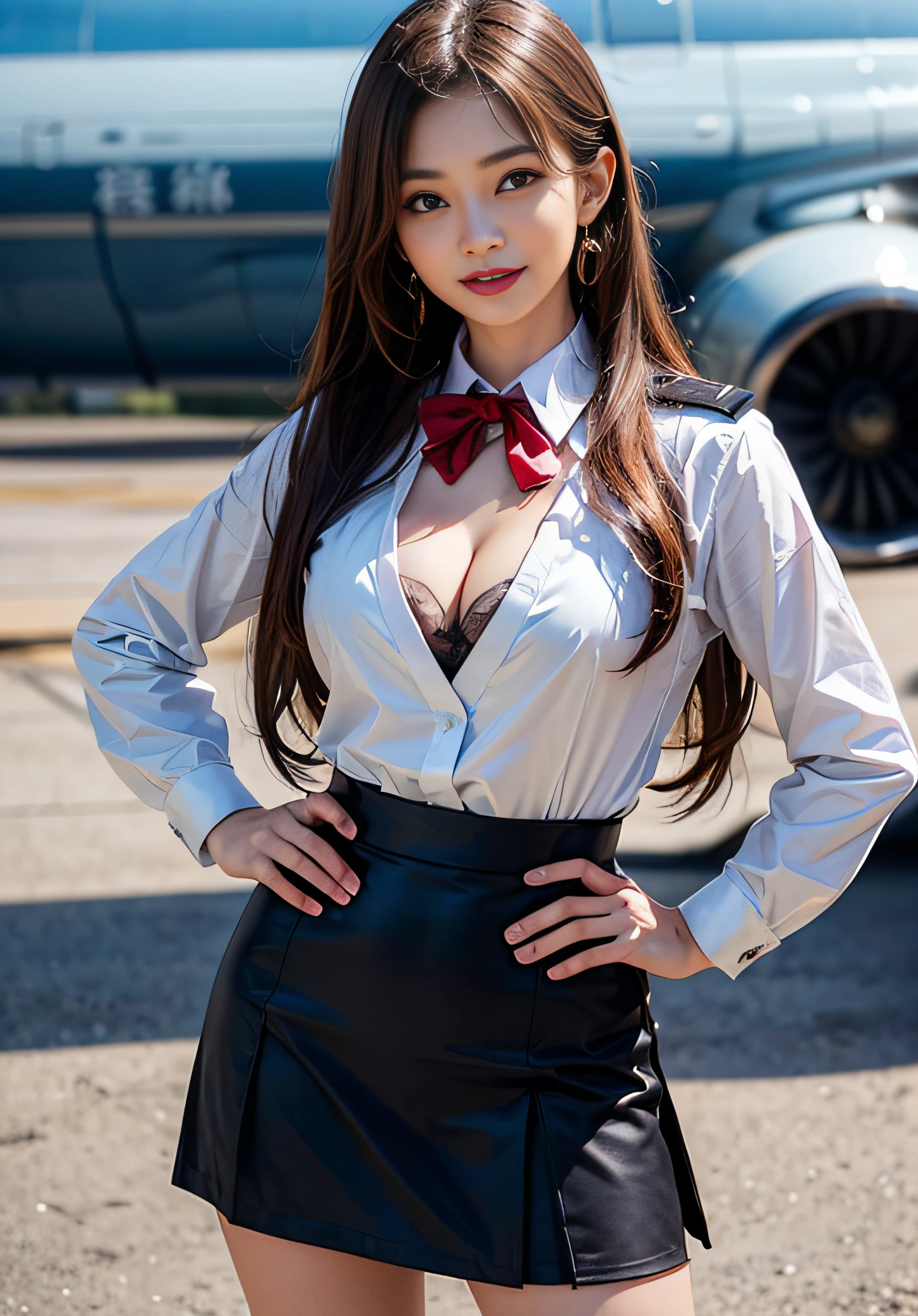 (8K high image quality), (top-quality), (RAW image quality),(masutepiece:1.2), (Realistic), (Photorealistic:1.37), ,largeeyes,long eyelasher,（Live-action realistic style）,The Ultimate Face,Photorealistic light and shadow,Clear facial features,,Fair skin, ）,(The Ultimate Face,Extraordinary beauty),Best portraits, 1-girl,Beautiful detailed eyes,highlydetailed skin,(Beautiful face with double eyelids), (Realism: 1.4),((fullbody image)) ,delicate and beautiful face,,Female about 20 years old,(Beautiful Face 1.4),Hair length is random,((Japan high school girl in uniform)),(red lipsticks,Lame around the eyes,earring beautiful),((Shot on an airplane)),(Standing,No skirt),(Flight attendant uniforms)),red lipsticks,Lame around the eyes,(Flight attendants in uniform),,(cowboy shot standing),Shoot head-on,,Close-range shooting,You can see cleavage,(((Put your best smile on your audience))),Pose with hands on hips
