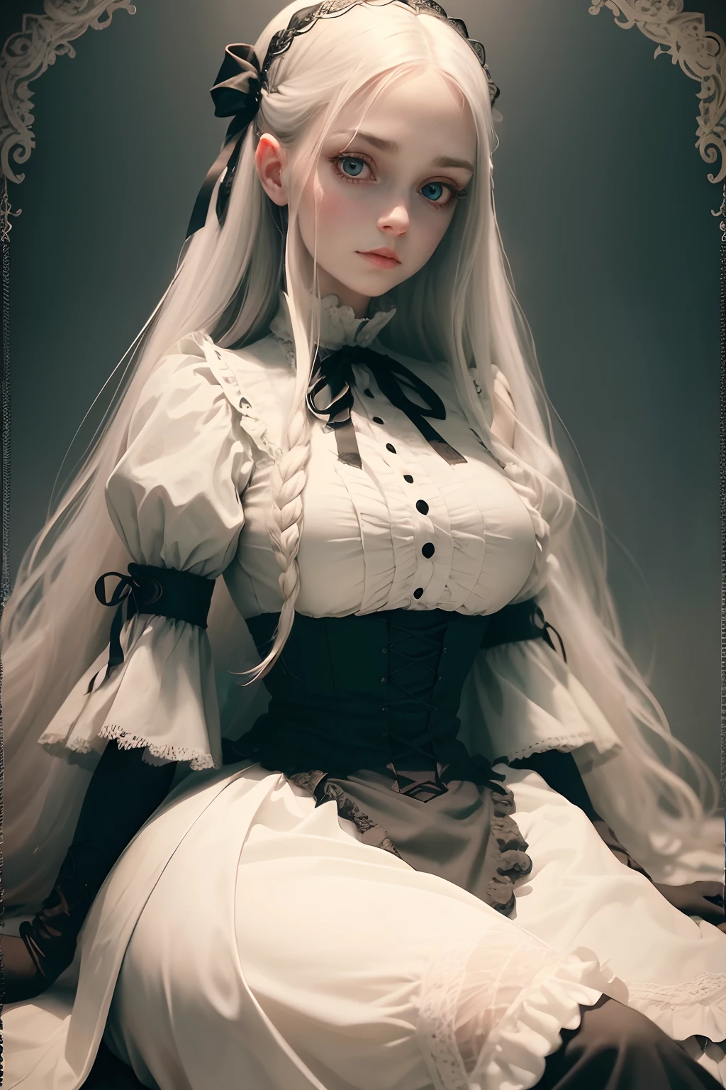 (best quality, highres, ultra-detailed), Woman, lacey Victorian dress, bandages and scars on arms, black nails, long flowing white hair with ribbon, eyes that look like hollow mirrors, dainty, pale skin, ethereal, delicate, soft lighting, vintage aesthetic, eerie background