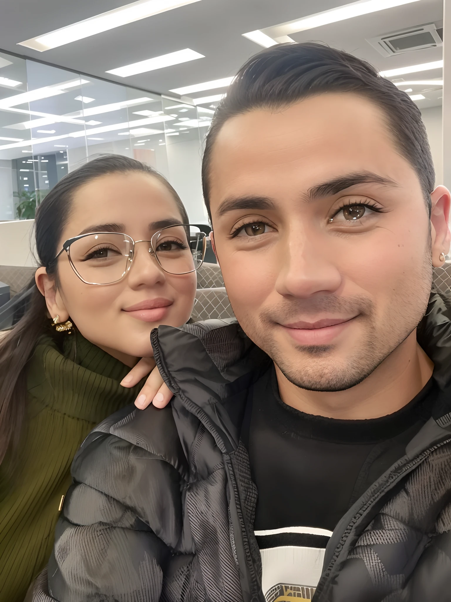 There's a man and a woman taking a selfie in an office, imagem de perfil, taken in the early 2020s, back to us, Retrato de duas pessoas, Fotografia selfie 8k, Ayanamikodon e Irakli Nadar, vacation photo, Sakimichan e Frank Franzzeta, foto de perfil, Lovely couple, lovingly looking at camera