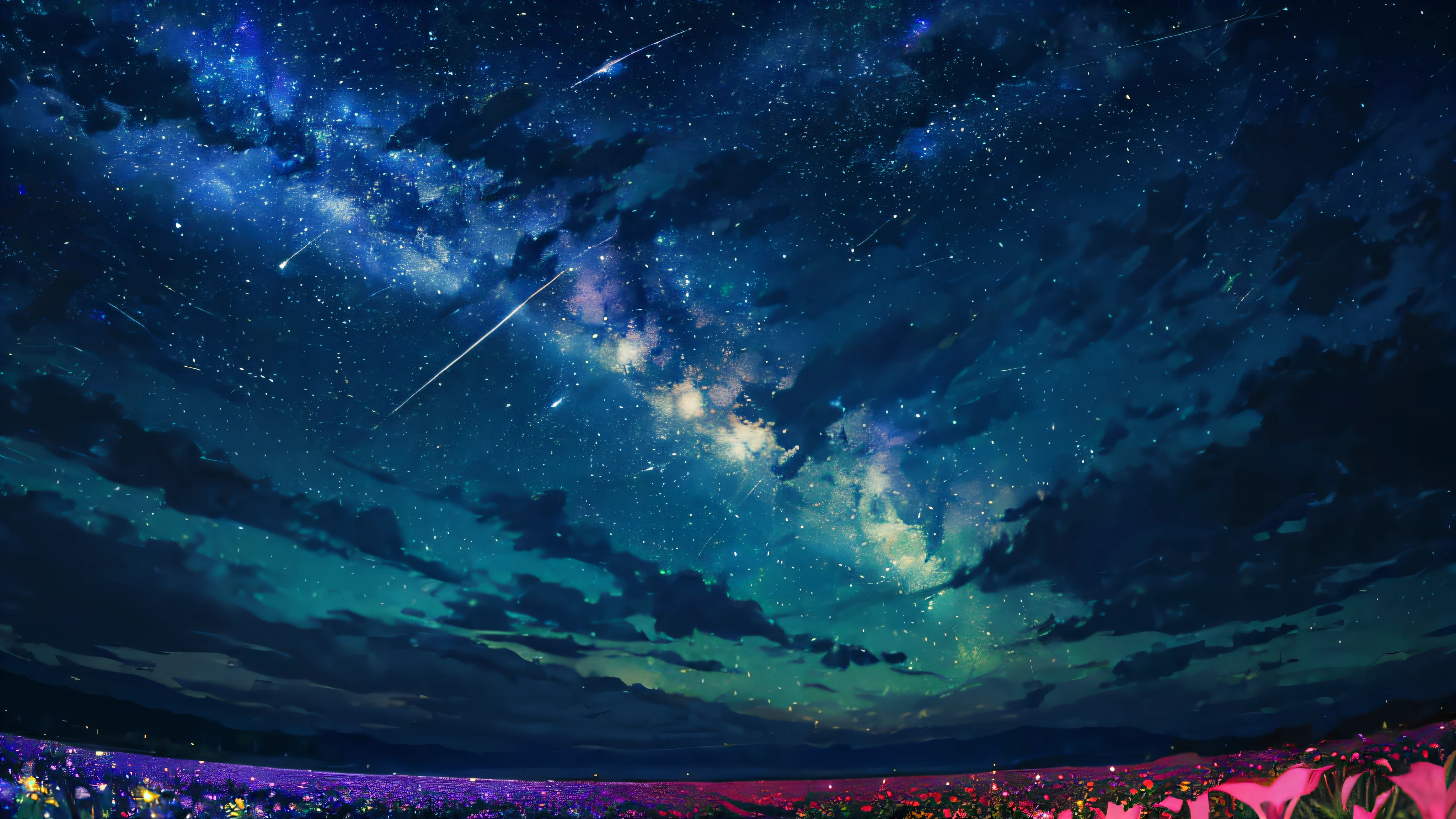 (zoomed out:1.1), (meteor shower:1.2), (comet:1.1), low angle, aroura borealis, shooting star, best quality, masterpiece, cloud, colorful, starry, stars, night, flower field, flower blossom, night sky, beautiful flowers, night theme,