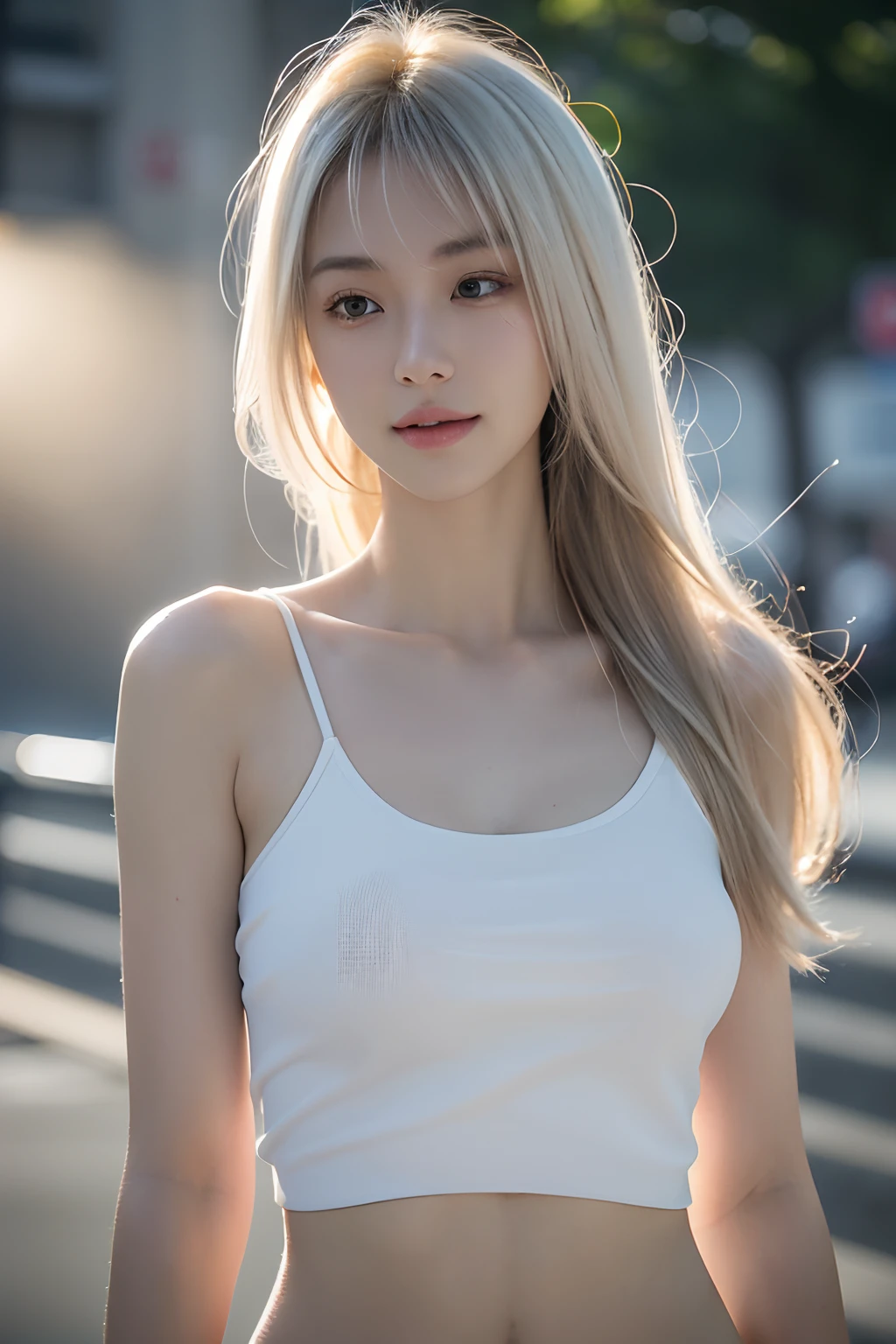 ((Highest quality, 8k, masterpiece: 1.3)), whole body, I focus: 1.2, Outstanding beauty: 1.4, Slim Abs: 1.2, (((blonde, big: 1.2)), Tank top dress: 1.1, (City of night, street: 1.1), Highly detailed face and skin texture, fine grain, double eyelid