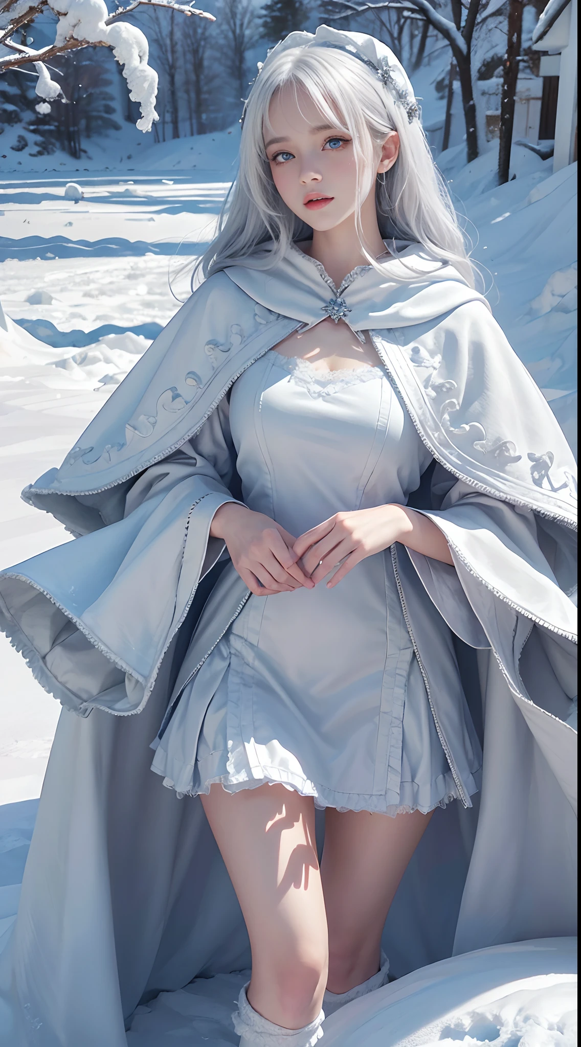 Photorealistic, high resolution, 1 Women, Solo, (ta costume),Gorgeous costumes,Face the audience,The upper part of the body,upper legs, beautidful eyes, White hair, ringed eyes, (outside,Heavy snowfall,Cloak,Cover with snow),snowfield,Blue eyes,Illustrations of the highest quality,A meticulous face