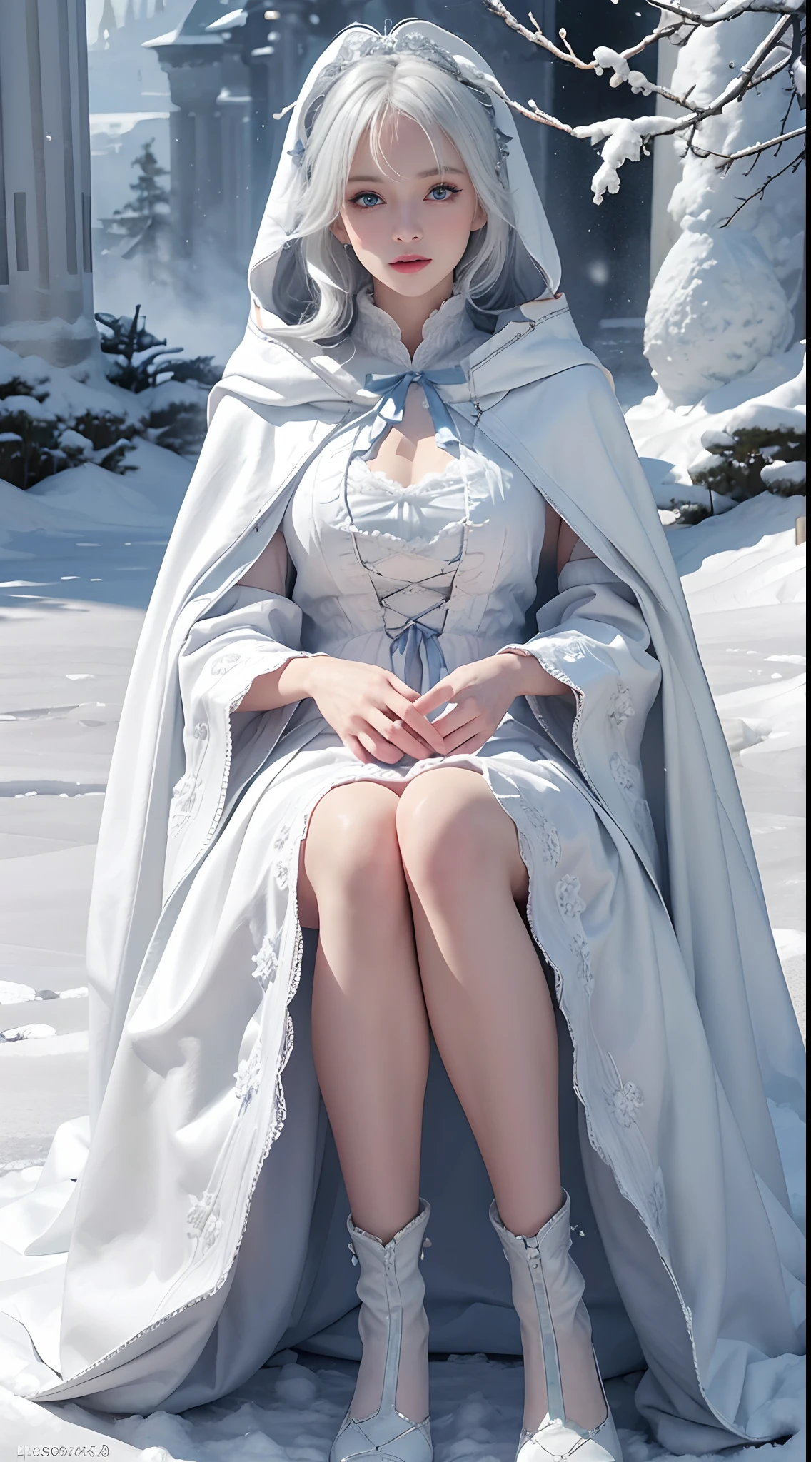 Photorealistic, high resolution, 1 Women, Solo, (ta costume),Gorgeous costumes,Face the audience,The upper part of the body,upper legs, beautidful eyes, White hair, ringed eyes, (outside,Heavy snowfall,Cloak,Cover with snow),snowfield,Blue eyes,Illustrations of the highest quality,A meticulous face