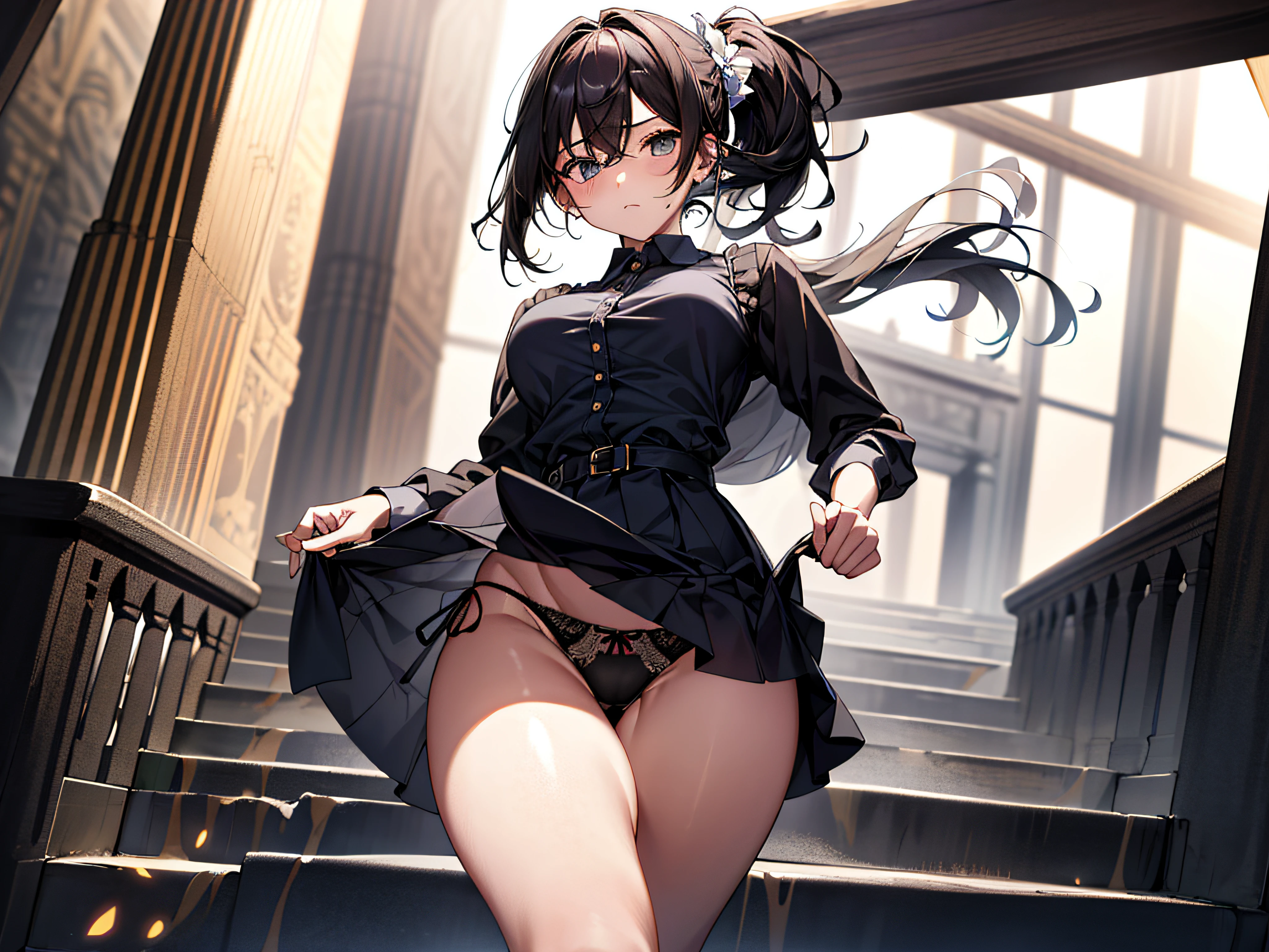 absurderes、high resolusion、top-quality、masterpiece、ultra close up、Parts Photos、cowboy shot 、(vivd colour:1.3) Romper (one girls:1.5), cabelos preto e longos、poneyTail、jaket、The shirt、governess、flered skirt(thighs thighs thighs thighs:1.3), (breastsout:1.3)、from the rear:1.5、looking-down、toView、roundly eyes, (blown by the wind:0.5), (((Very sexy panties))), (Walking on a slope,:1.3)、perfect foot、s ass、(big butts:1.3)、from below ceiling、(shinny skin:1.1)、gust of wind(the wind:1.2)、Break the background(Steep stairs:1.3)、(Stand in the center of the screen:1.3)、((Shot from waist to thigh))、 sweat around girl、destruction、Particles of light、dynamic ungle、Dutch Angle、Near and far law、Thin leg、A look of shame
