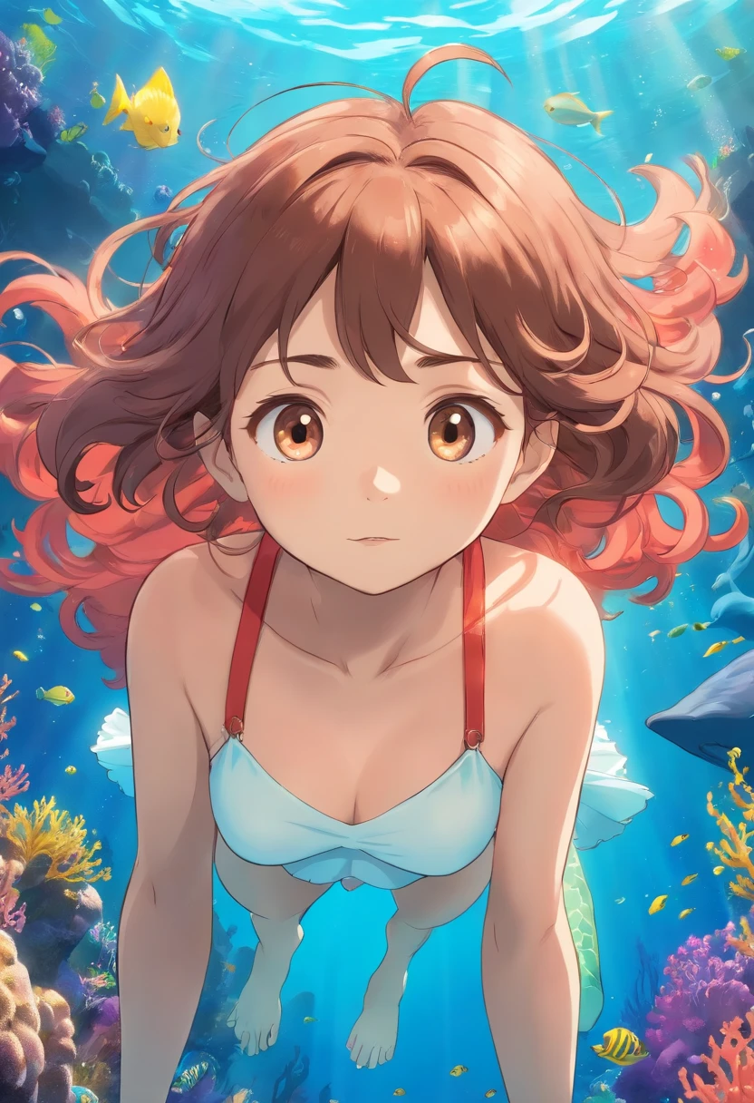 Under The sea, 1 marmaid with short curly Brown hair swimming in a beautifull color coral heef. The sun ligth shows trougth The sea water (obra-prima: 1.2) (Bokeh) (melhor qualidade) (pele detalhada: 1.3) (detalhes intrincados) (8k) (olhos de detalhe) (foco nítido)