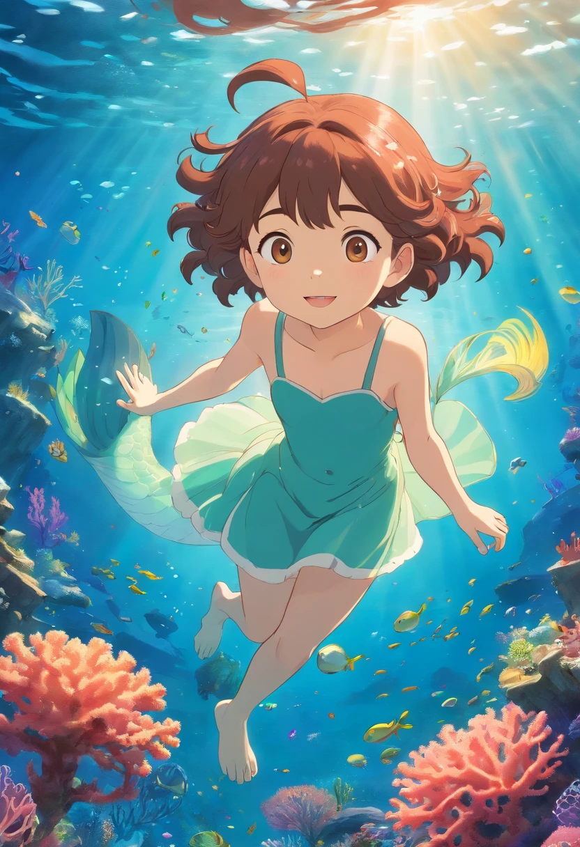 Under The sea, 1 Child marmaid with short curly Brown hair swimming in a beautifull color coral heef. The sun ligth shows trougth The sea water (obra-prima: 1.2) (Bokeh) (melhor qualidade) (pele detalhada: 1.3) (detalhes intrincados) (8k) (olhos de detalhe) (foco nítido)