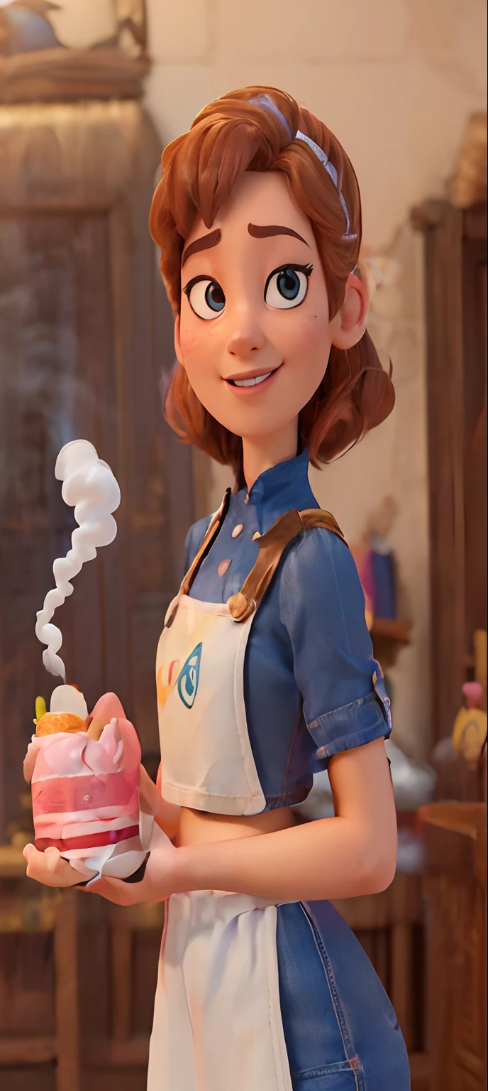 (Pixar style poster of a cute girl seen from the front in a pink uniform , being a pair of pantaloons and a crop top, sorrindo e mostrando um vestido longo laranja com detalhes pink, num cabide. playful face, (com cabelos altura do ombro preto ondulado, pele jovem e delicada, queixo pequeno, queixo curto. expression of laughter, exaggerated expression , （Perfect Correct Hand） ，（Smoke gas: 1.37） Cinematic background of the interior of a clothing store, Fotos de alta qualidade, 3D Studio Photos, (lots of smoke: 1.2), fotografia em close-up, Traces clear facial features, arte conceitual do personagem, exagero,