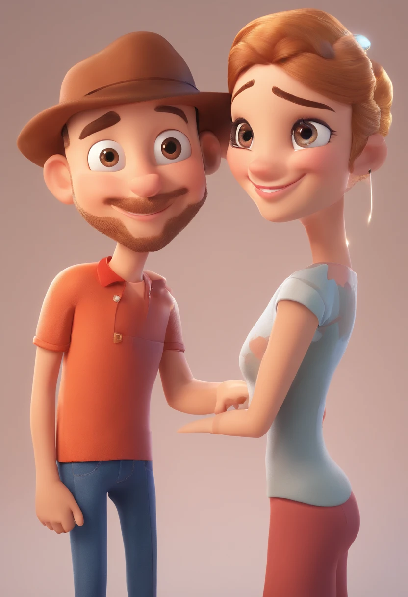 An illustration of an adorable couple, Destacando um homem e uma mulher com beleza, Expressive eyes – the man's hair is bald and brown and he has a full beard, While the woman's hair is tied up in a bun and blonde. They are a bright space, Todos com um sorriso no rosto, e compartilhe um momento especial, That is marked by love, viagem, and pedagogical insights. Ilustre esta cena a partir de uma perspectiva, where they're facing away from the camera, Show Your Connection. Desenvolva esta arte em Full HD, Focus on your cinematic touch, Estilo Disney Pixar Animations