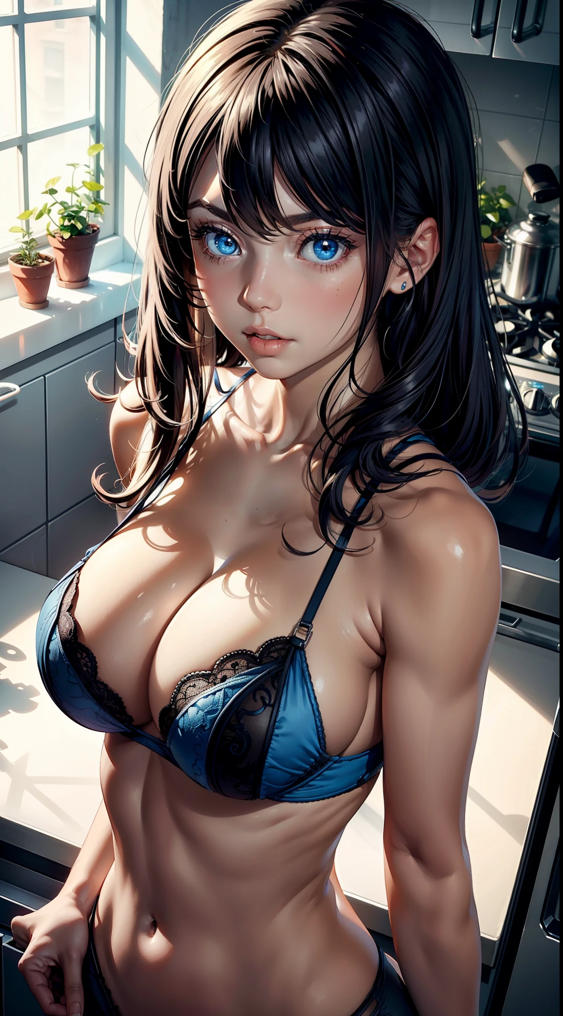 (from above angle), ((closeup upper body photo::1.4)), beautiful young woman, standing in the kitchen, ((huge breasts::1.1)), luminous blue eyes, big eyes, long straight white hair, side view, side boob, arched back, skinny waist, slim arms, sharp jaw, full lips, glossy blush, blushing, shinny skin, black lingerie, bright studio lighting, hourglass body shape, attractive woman