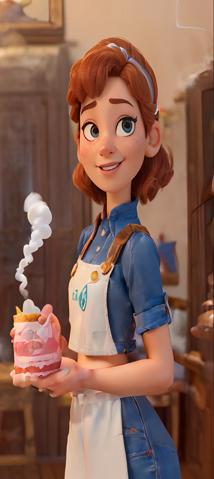 (Pixar style poster of a cute girl seen from the front in a pink uniform , being a pair of pantaloons and a crop top, sorrindo e mostrando um vestido longo laranja com detalhes pink, num cabide. playful face, (com cabelos altura do ombro preto ondulado, pele jovem e delicada, queixo pequeno, queixo curto. expression of laughter, exaggerated expression , （Perfect Correct Hand） ，（Smoke gas: 1.37） Cinematic background of the interior of a clothing store, Fotos de alta qualidade, 3D Studio Photos, (lots of smoke: 1.2), fotografia em close-up, Traces clear facial features, arte conceitual do personagem, exagero,