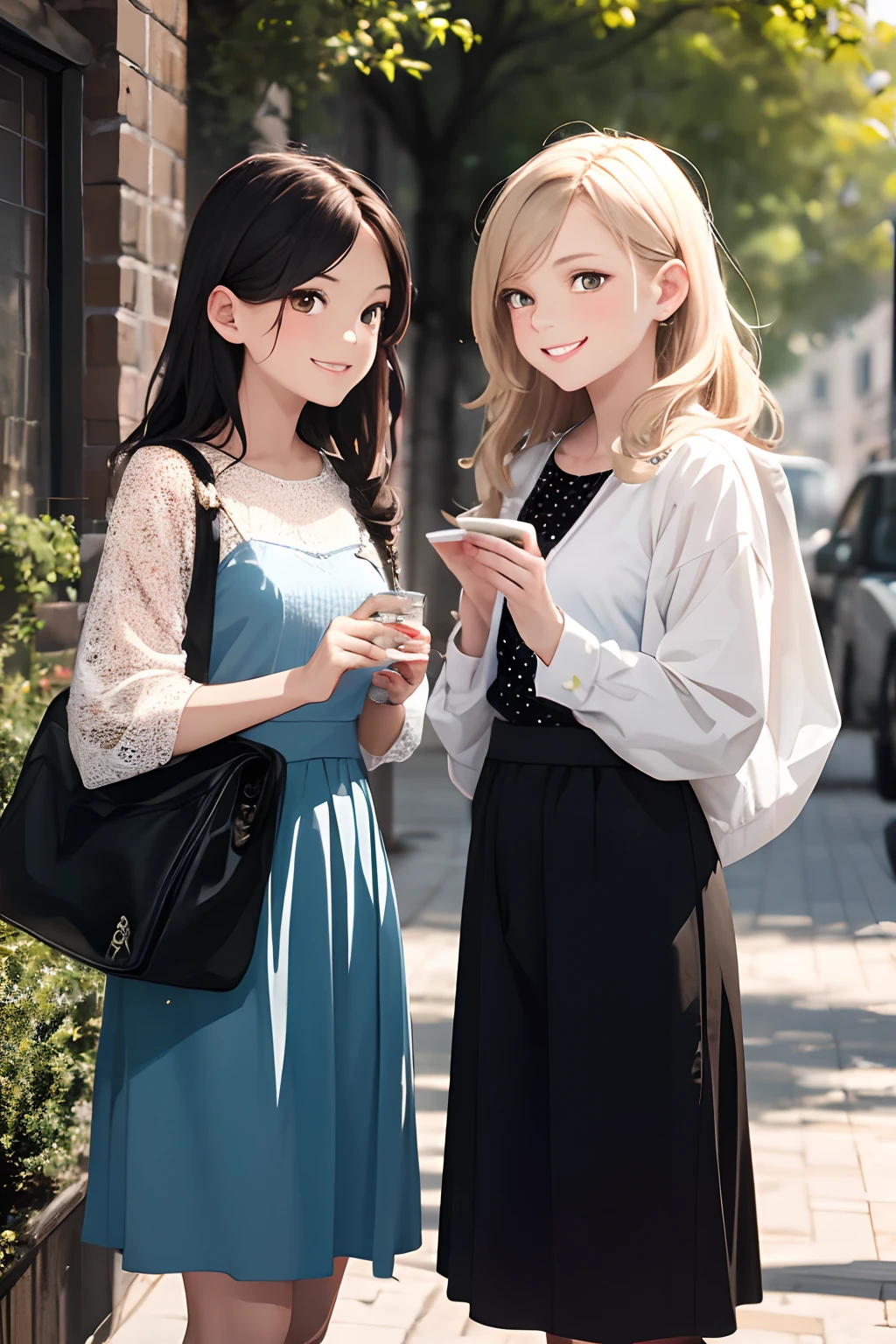 best friends talking (best quality, masterpiece: 1.3), (2girls, ), smile, looking at the viewer,