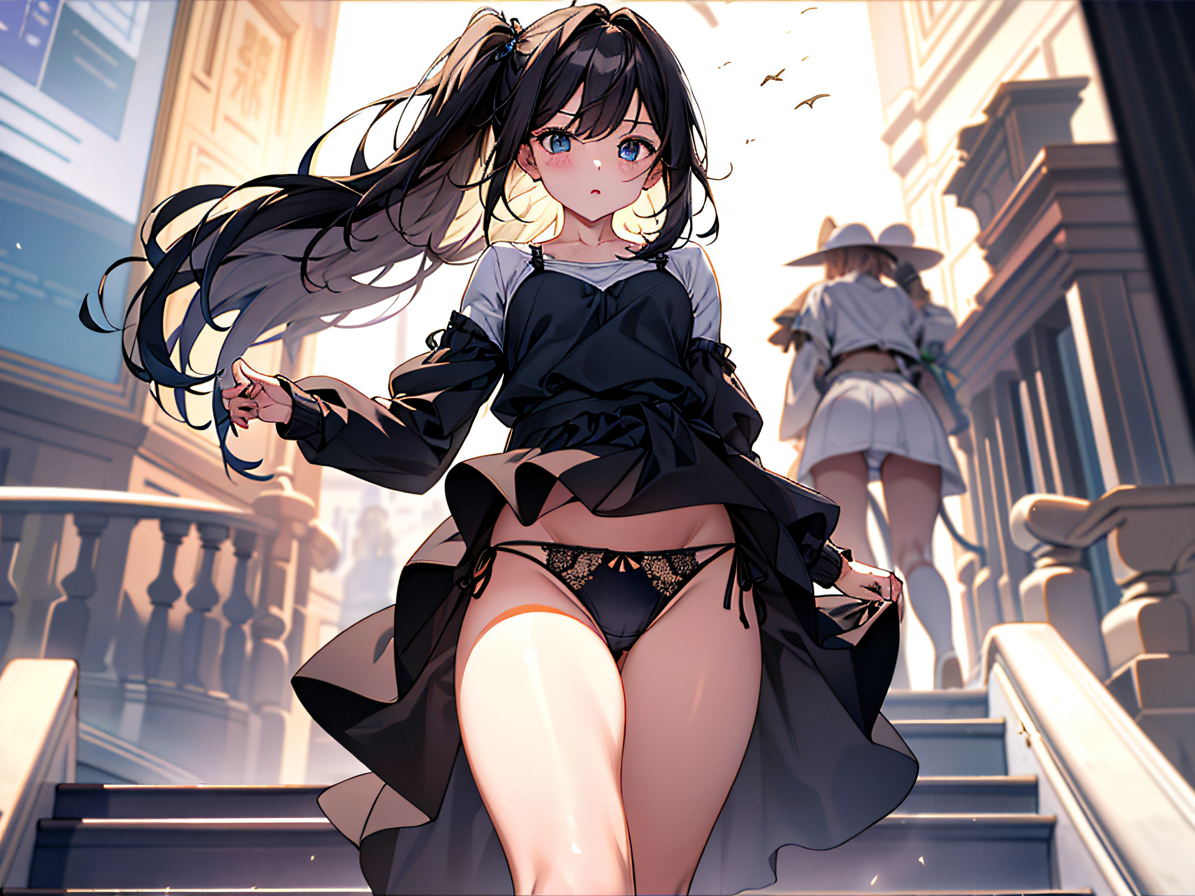 absurderes、high resolusion、top-quality、masterpiece、ultra close up、Parts Photos、cowboy shot 、(vivd colour:1.3) Romper (one girls:1.5), cabelos preto e longos、White tennis wear、(thighs thighs thighs thighs:1.3), (breastsout:1.3)、from the rear:1.5、looking-down、toView、roundly eyes, (blown by the wind:0.5), (((Very sexy panties))), (Walking on a slope,:1.3)、perfect foot、s ass、(big butts:1.3)、from below ceiling、(shinny skin:1.1)、gust of wind(the wind:1.2)、Break the background(Steep stairs:1.3)、(Stand in the center of the screen:1.3)、((Shot from waist to thigh))、 sweat around girl、destruction、Particles of light、dynamic ungle、Dutch Angle、Near and far law、Thin leg、A look of shame