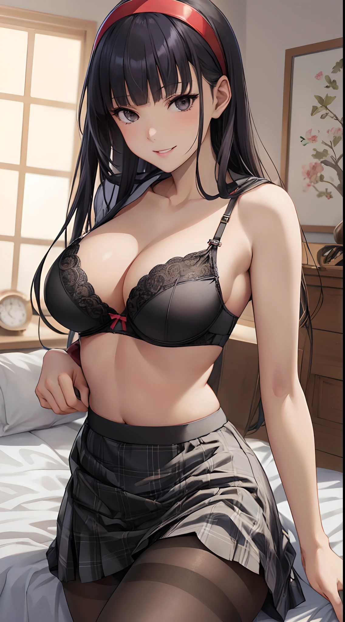 Official art,(masutepiece:1.5),(very precise details,Ultra High Resolution:1.5),(Highly detailed CG Unity 8K:1.5),(View from below:1.3),(A slender:1.4),(NSFW:1.4),(Hands behind the head:1.4),Perfect litthing,colourfull,(Bright Front face Illuminating:1.3),(Perfect female body:1.4),Long hair,Long straight hair,(Tsuriformes:1.4),(sharpnes:1.4),(Curve,Model,glamor:1.4),(Realistic, hyper realisitic:1.4),(beautiful hands of a woman:1.4),parted_Lips,(Bedroom,on the beds:1.3),25-years old,(A dark-haired:1.4),(Blunt bangs:1.4),(red hairband:1.4),(Black underwear:1.4),cleavage of the breast,showing underwear,long skirt,(Black Check Skirt:1.5),(Black pantyhose:1.4),(Seductive smile:1.4),a hyperrealistic schoolgirl,(Large breasts:1.4),(F Cup Bust),Black eye,Shiny hair,Seductive anime girl in underwear,Smooth Anime CG Art, beautiful anime high school girl, anime moe art style, Beautiful anime girl, charming anime girls, marin kitagawa fanart,Yukiko Amagi, Cute anime girl, Anime Girl,(Black underwear:1.4),Highly detailed bra、Small bra、Ren Hao、Lace-trimmed legwear,