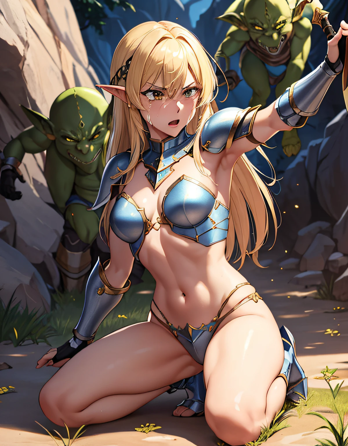 1 mature female,25yo,(female paladin surrounded and attacked by 3 goblins),(estrus goblin),((gorgeous paladin armor,arm guard,leg guard,holding dagger and small shield)),dynamic pose,dynamic angle,cave,(Weakly kneeling),(crying,angry),navel