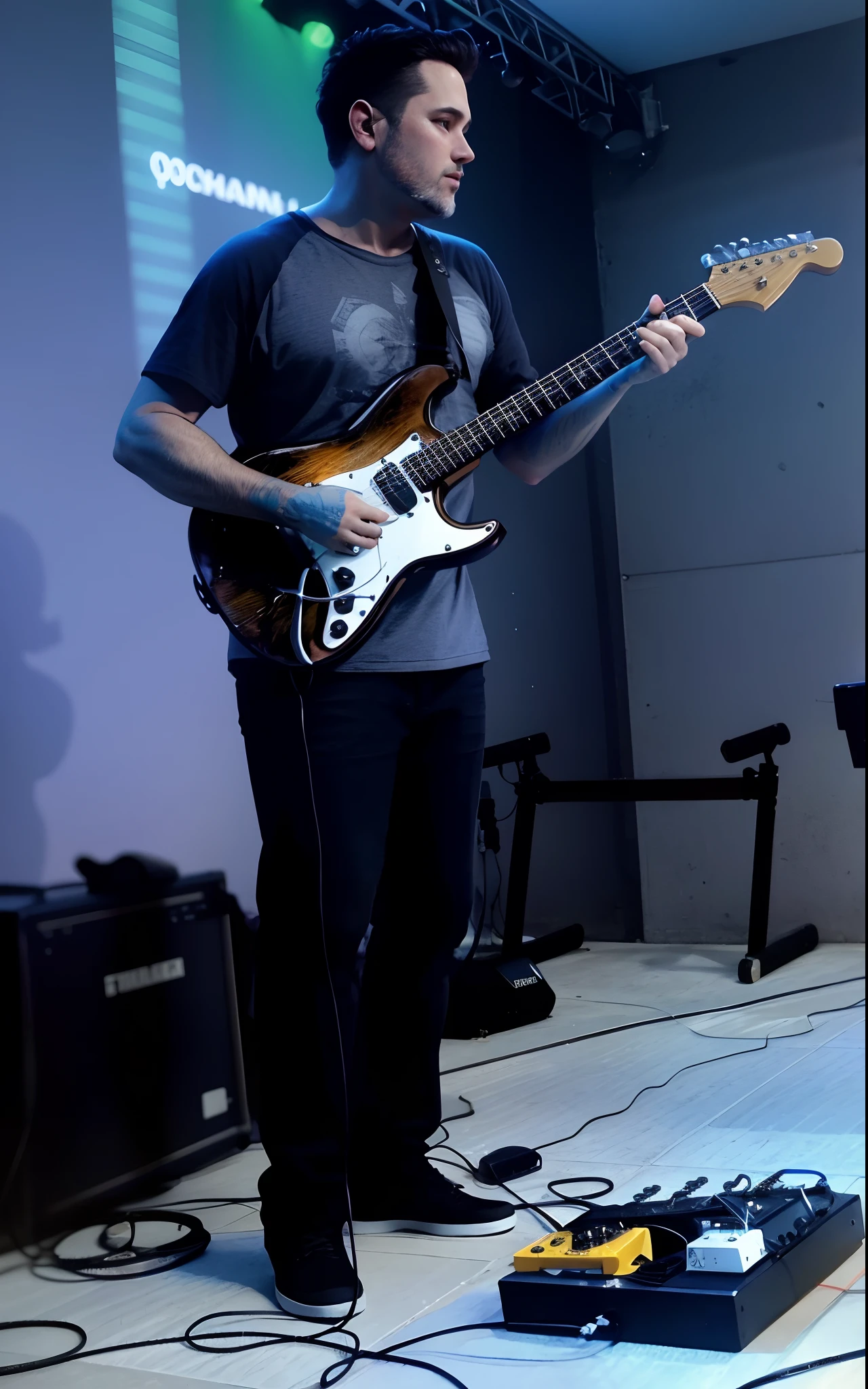 there is a man that is playing a guitar on stage, playing guitar on stage, playing electric guitar, Apresentando-se no palco, acoustic guitarrista, solo by acoustic guitarra, Guitarra, rocking out, no palco, baixista, no palco, holding Electric Guitar, em um palco, Ed O'Brien (acoustic guitar), live performance, tom sombrio, holding a silver electric guitar, Executar