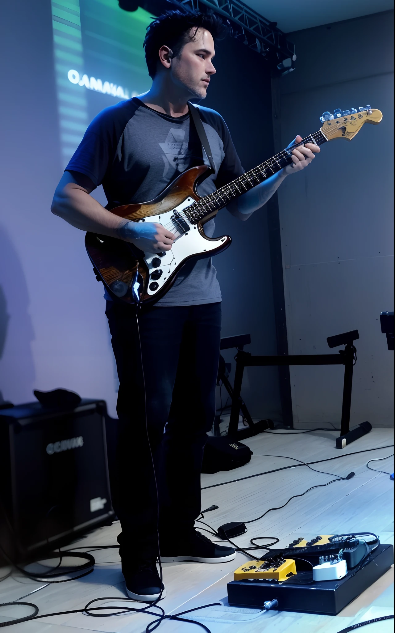 there is a man that is playing a guitar on stage, playing guitar on stage, playing electric guitar, Apresentando-se no palco, acoustic guitarrista, solo by acoustic guitarra, Guitarra, rocking out, no palco, baixista, no palco, holding Electric Guitar, em um palco, Ed O'Brien (acoustic guitar), live performance, tom sombrio, holding a silver electric guitar, Executar