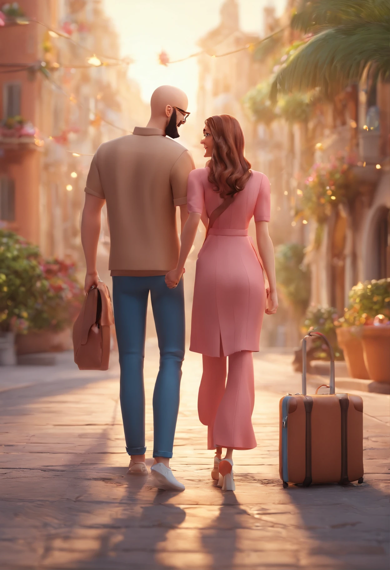 An illustration of an adorable couple, Destacando um homem e uma mulher com beleza, Expressive eyes – the man's hair is bald and brown and he has a full beard, While the woman's hair is tied up in a bun and blonde. They are a bright space, Todos com um sorriso no rosto, e compartilhe um momento especial, That is marked by love, viagem, and pedagogical insights. Ilustre esta cena a partir de uma perspectiva, where they're facing away from the camera, Show Your Connection. Desenvolva esta arte em Full HD, Focus on your cinematic touch, Estilo Disney Pixar Animations