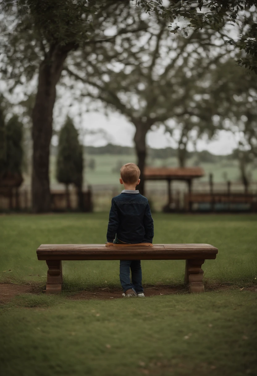 A imagem mostra um menino pardo, do cabelo social cacheado, sentado em um banco de madeira, which is located near a fence, com uuma guitarra jazzmaster branca. The boy is wearing a black shirt and appears to be looking at the camera. The bench is positioned in the middle of the scene, com a cerca estendendo-se para os lados esquerdo e direito da imagem. The boy's posture and the presence of the bench suggest that this could be a park or a similar outdoor environment.Gere essa imagem no estilo de animal