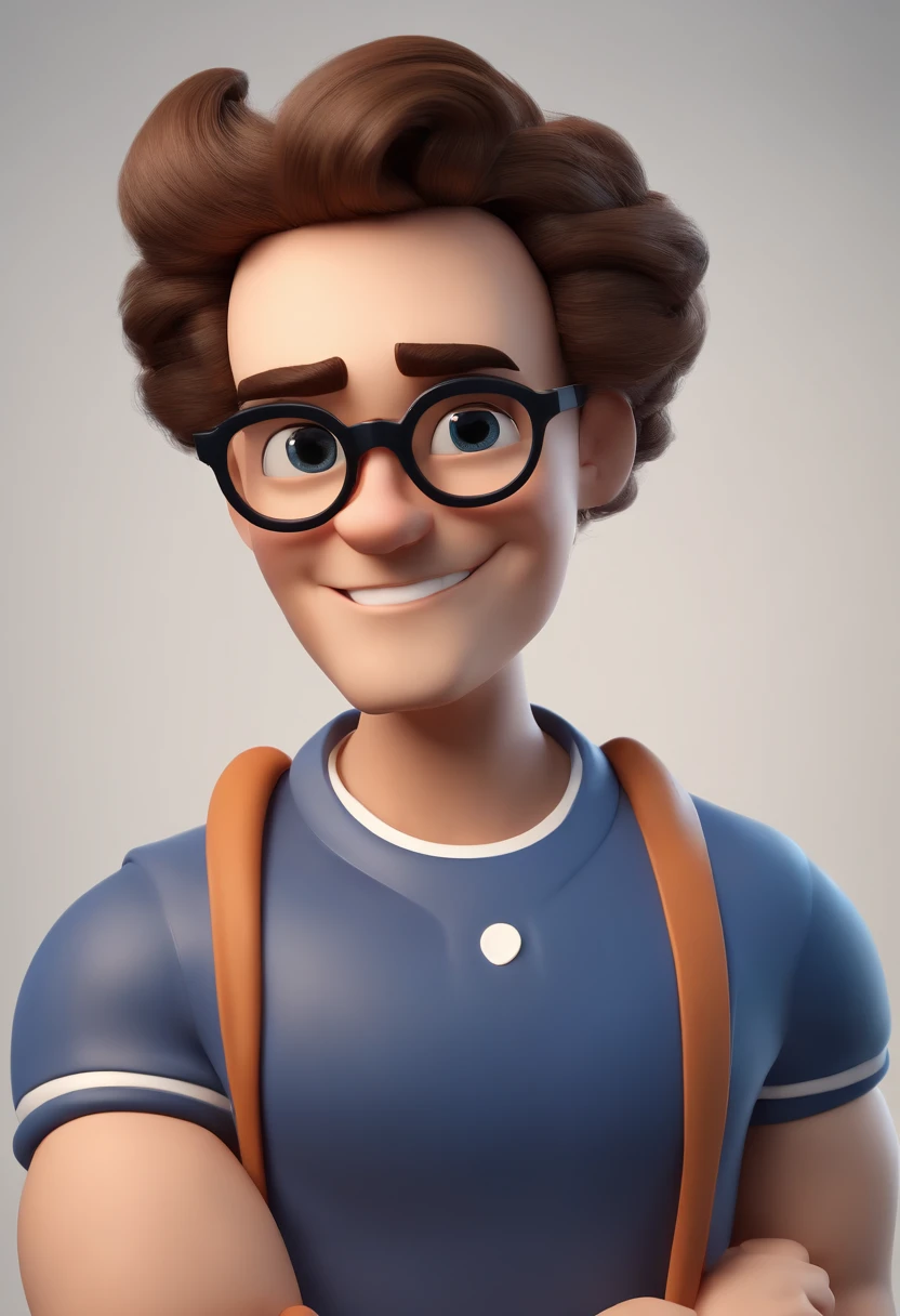 Cartoon character of a man wearing black glasses and a blue shirt, um personagem animado, Caractere estilizado, animation style rendering, 3D estilizado, Arnold Maya render, 3 d render stylized, toon render keyshot, Personagem 3D, Personagem 3D, 3d rendering stylized, 3 d character render, personagem de desenho animado, Personagem de close up, Pose de personagem, (Estilo Pixar) (master part:1.2) (Bokeh) (best quality) (pele detalhada) (textura detalhada) (8k) (argila) (Cinematic lighting) (foco nítido，Senta e vaza a parte superior do corpo