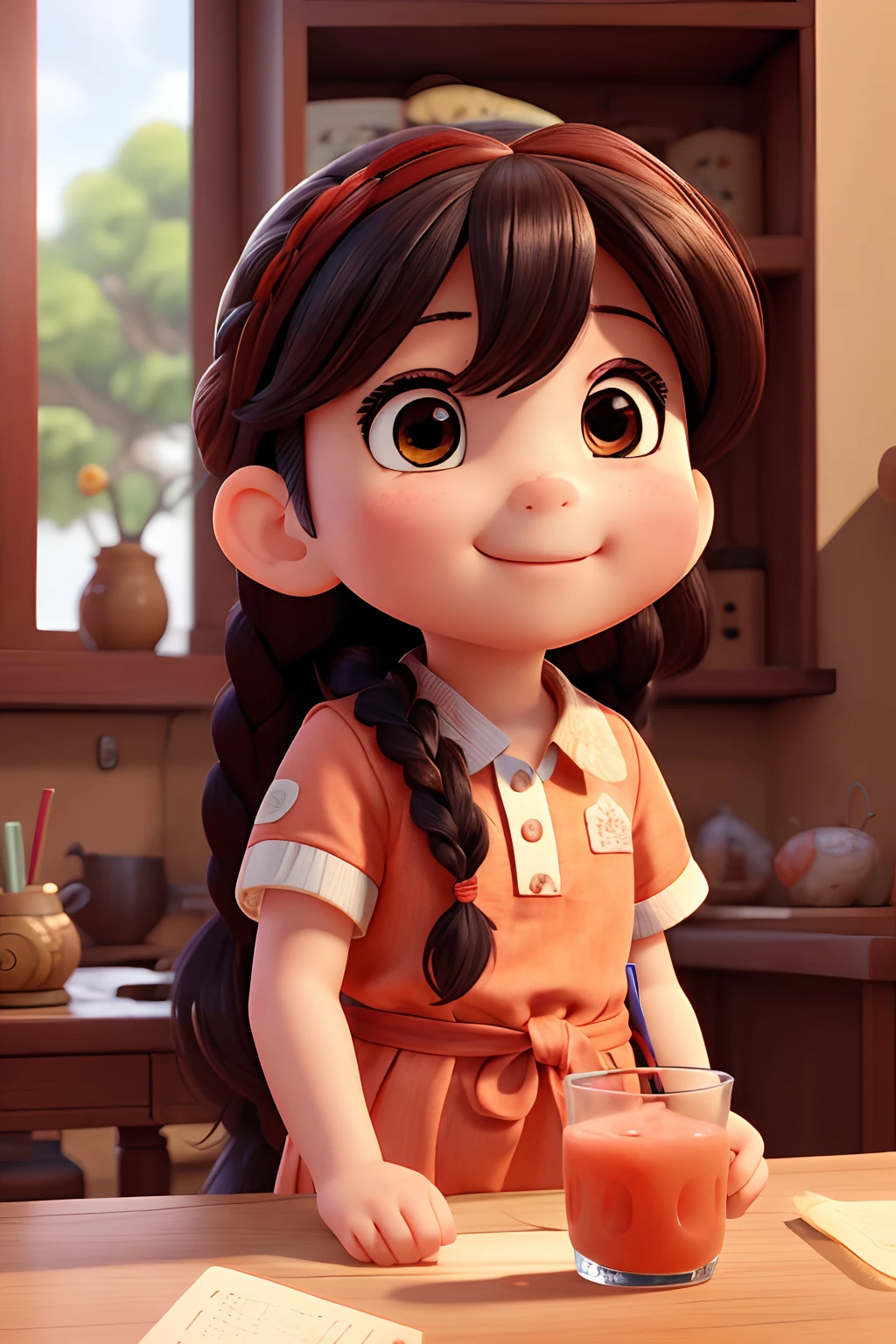 Masterpiece, Best quality, 超高分辨率, Detailed illustration, Portrait, Detailed, adolable,Moe ,Drinking a juice,A small braid,having fun,style of anime