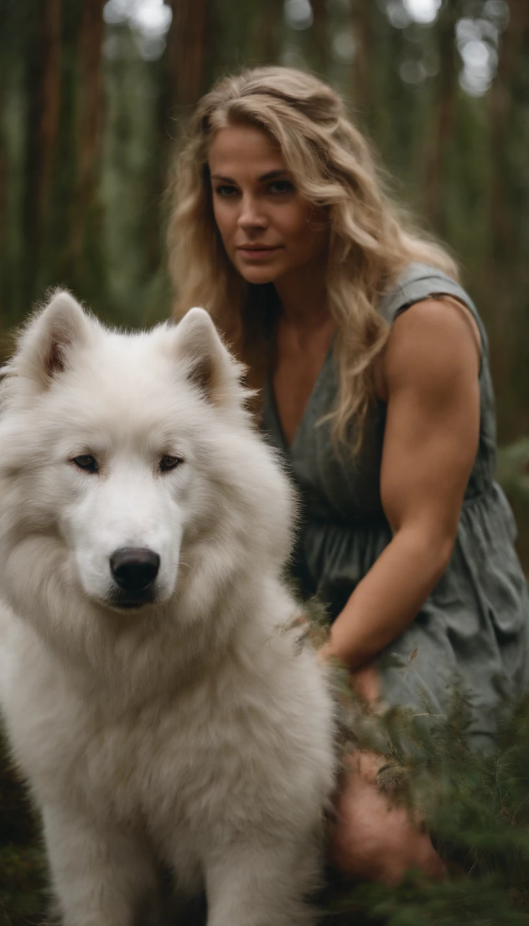 Menina de pele clara, olhos azuis, cabelos castanho claro, queixo pequeno, olho grande, na armadura na floresta gelada,Next to it is a white Samoyed, porte pequeno, female, rosto simpatico