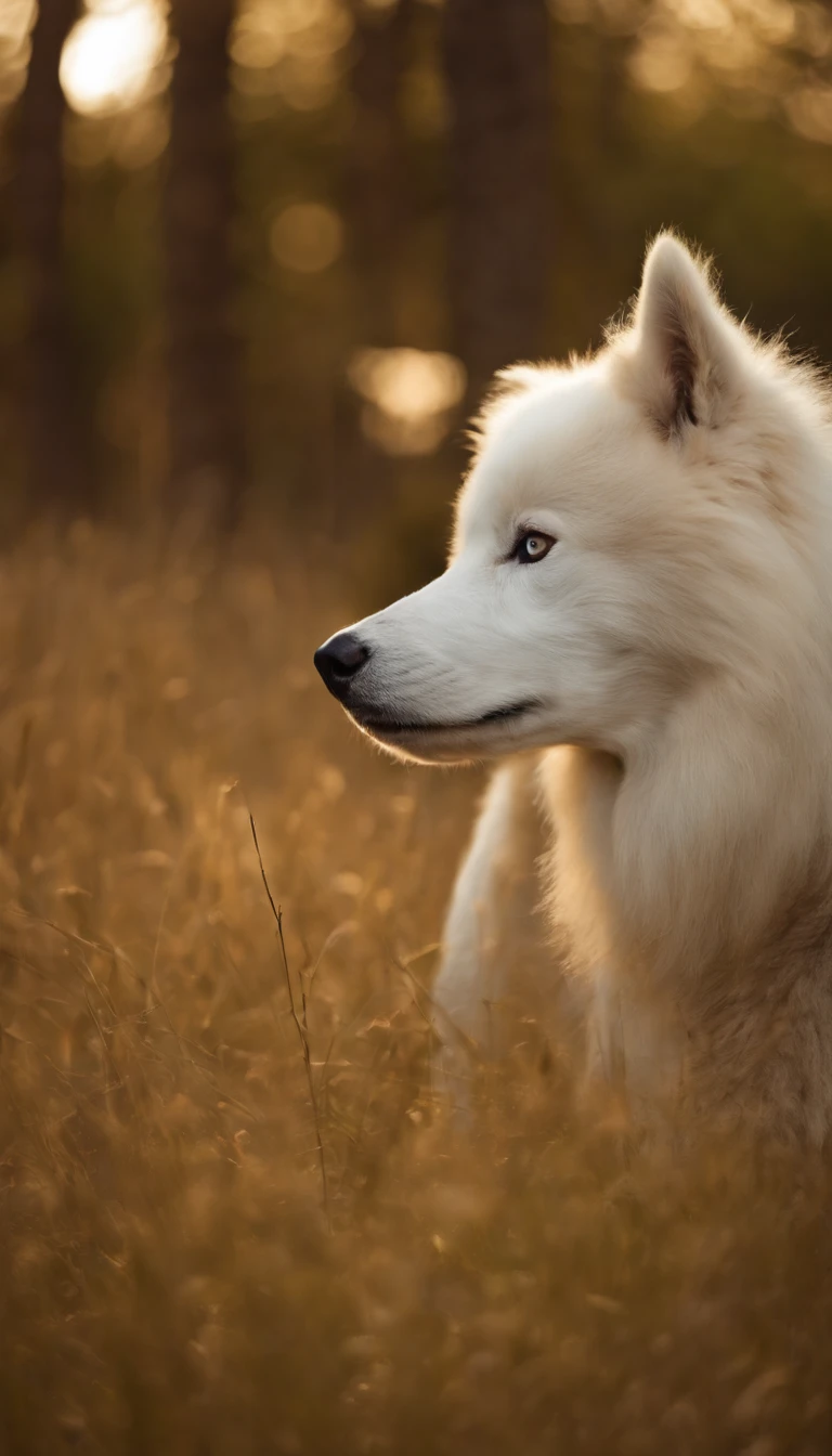 Menina de pele clara, olhos azuis, cabelos castanho claro, queixo pequeno, olho grande, na armadura na floresta gelada,Next to it is a white Samoyed, porte pequeno, female, rosto simpatico