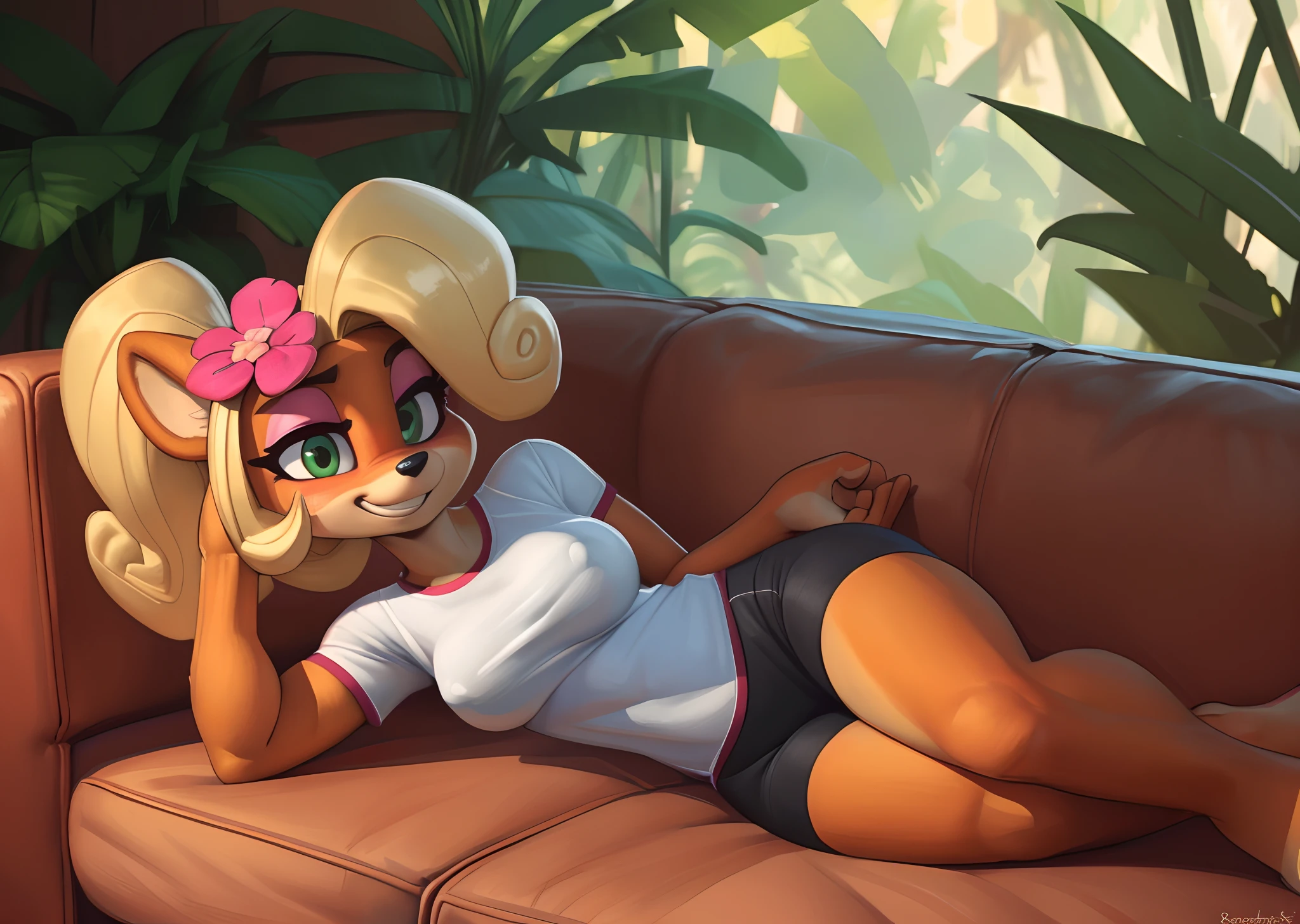 [Coco bandicoot], [Uploaded to e621.net; (Pixelsketcher), (wamudraws)], ((masterpiece)), ((high quality)), ((HD)), ((solo portrait)), ((full body)), ((POV)), ((front view)), ((furry; anthro)), ((detailed fur)), ((detailed shading)), ((beautiful render art)), ((intricate details)), {anthro; orange fur, black nose, (cute green eyes), (short eyelashes), (pink eyeshadow), blonde curly hair, curly ponytail, (beautiful feet), (blushing), (cute grin)}, {(white tee shirt red lining), (small boobs), (nipple outline), (black yoga shorts), (pink flower in hair)}, {(on couch), (laying on side), (looking down)}, [background; (tropical forest), (living room), (window), (sun rays), (pink smartphone on table)]
