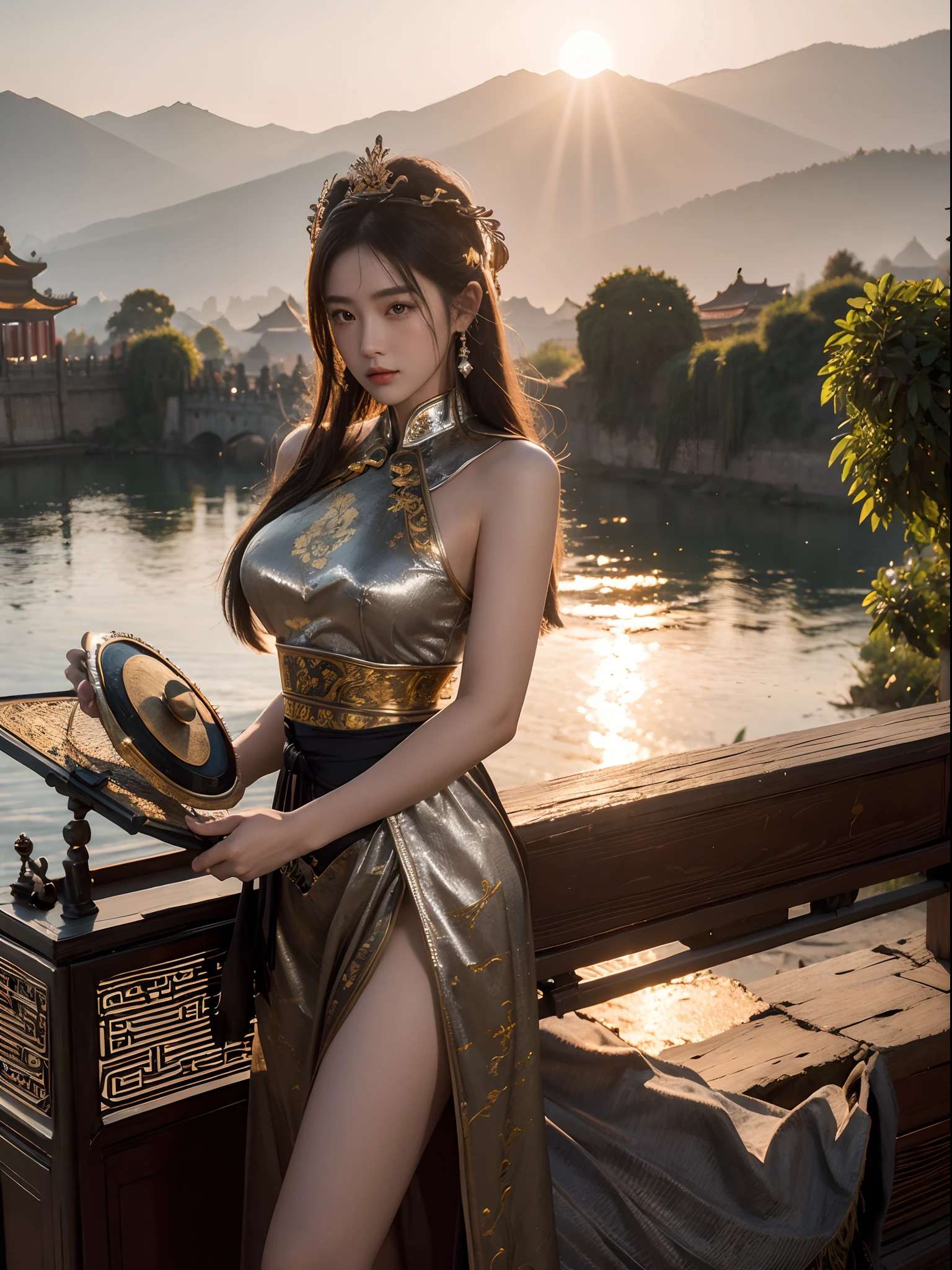 Heroic beauties stand in the sunset and play drums,Chinese drum,mountain in the distance,Silver chinoiserie armor,Detailed pubic hair,Realistic,Ray traching,Very detailed,Works of masters,Very high pixels,Extremely high pixels,8K, yes,of a real