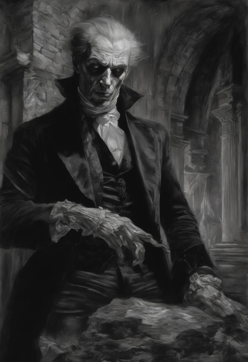 male vampire, unholy, Lengthened teeth, Jean-Honoré Fragonard（Jean-Honoré Fragonard）of works of art, steve huston（Steve Huston）, on the garden, heavy grain, High detail, Cinematic composition, Dramaticlight, deformation, super wide shot, Hyperrealistic
