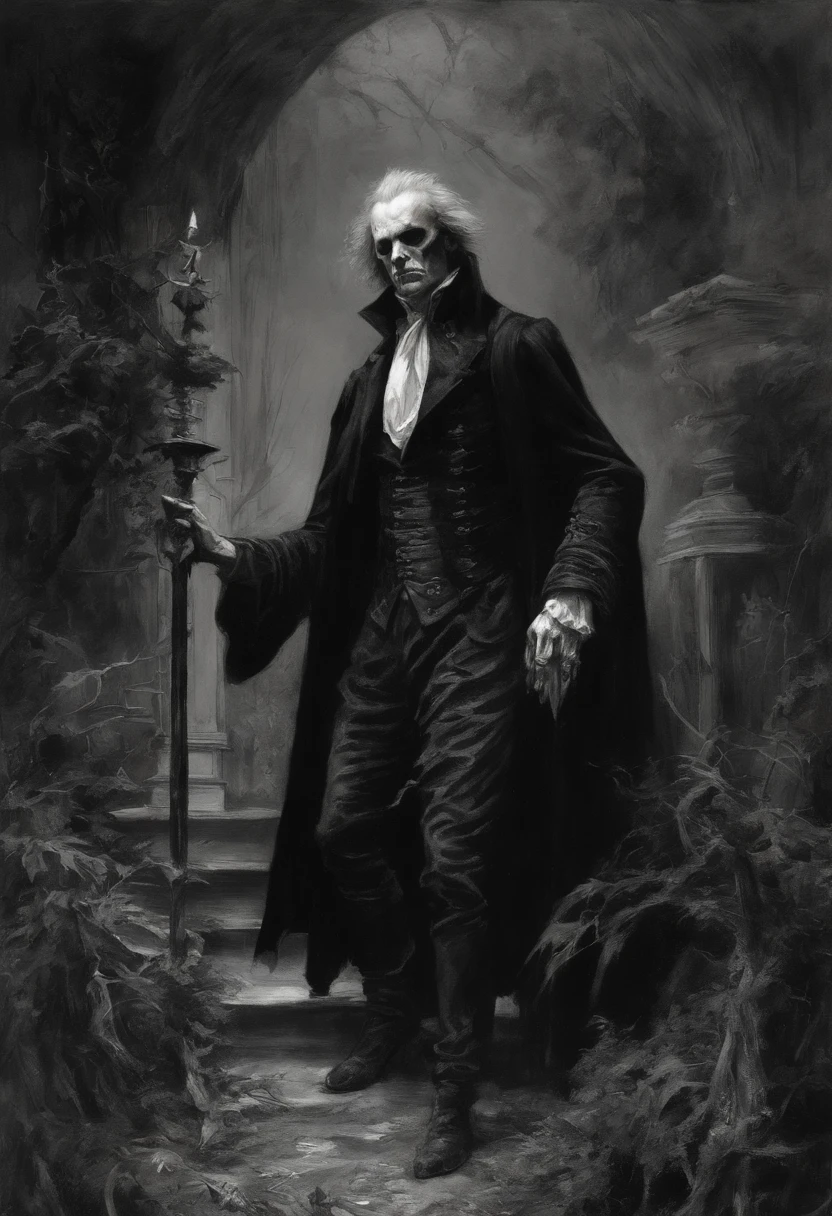 male vampire, unholy, Lengthened teeth, Jean-Honoré Fragonard(Jean-Honoré Fragonard)of works of art, steve huston(Steve Huston), on the garden, heavy grain, High detail, Cinematic composition, Dramaticlight, deformation, super wide shot, Hyperrealistic