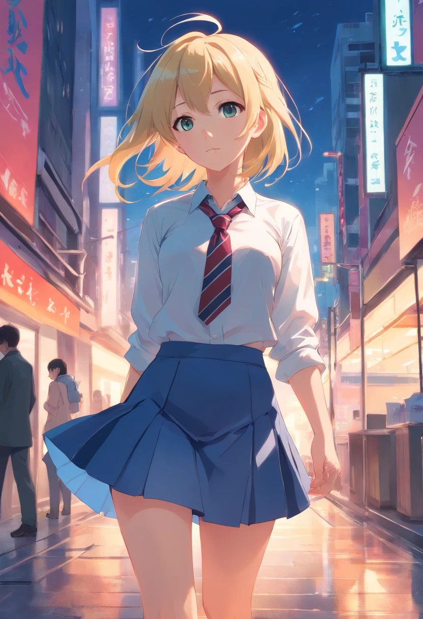 FULL BODYSHOT, Dynamic Pose, Wearing a short office skirt, topless, small breasts, exposed, naked, blonde long hair girl, facing at camera, artwork in the style of guweiz, guweiz on pixiv artstation, guweiz on artstation pixiv, guweiz, soft anime illustration, Anime visuals of cute girls, Detailed Digital Anime Art
