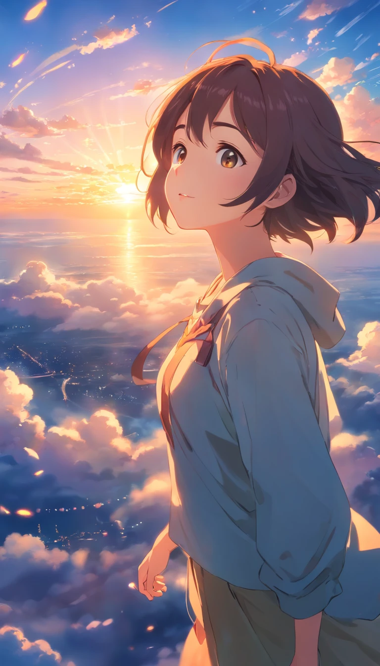 masterpiece, best quality, movie still, 1girl, cloud girl, floating in the sky, close-up, bright, happy, warm soft lighting, sunset, (sparks:0.7)