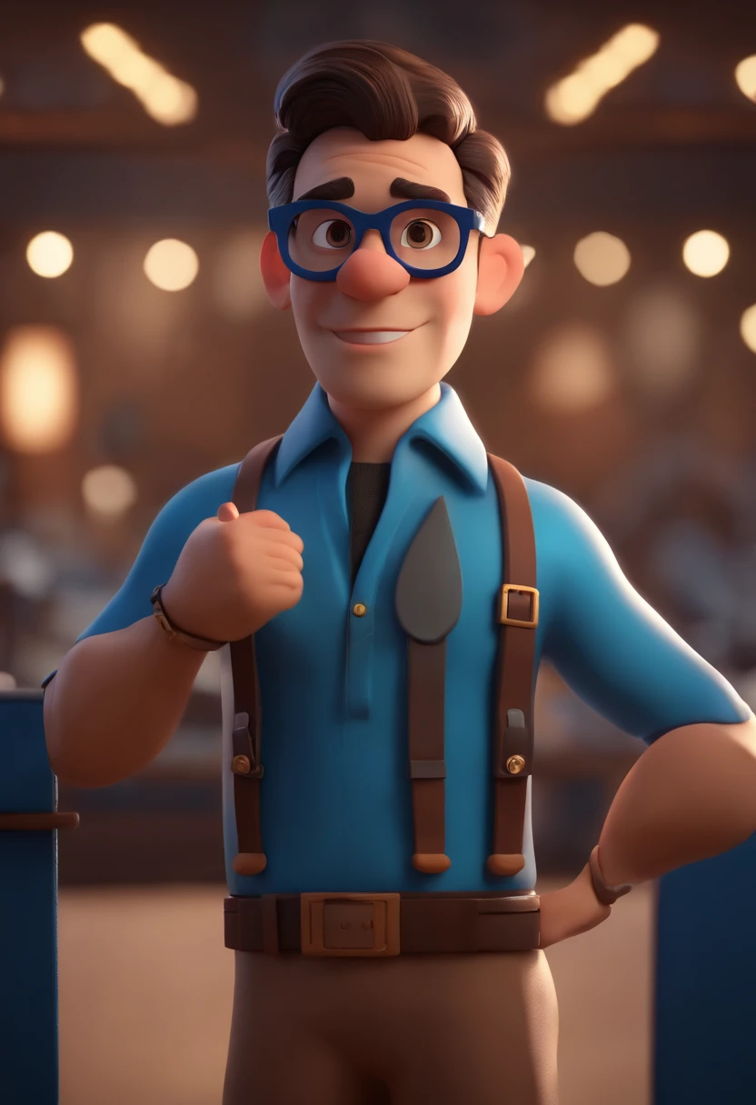 Cartoon character of a man wearing black glasses and a blue shirt, um personagem animado, Caractere estilizado, animation style rendering, 3D estilizado, Arnold Maya render, 3 d render stylized, toon render keyshot, Personagem 3D, Personagem 3D, 3d rendering stylized, 3 d character render, personagem de desenho animado, Personagem de close up, Pose de personagem, (Estilo Pixar) (master part:1.2) (Bokeh) (best quality) (pele detalhada) (textura detalhada) (8k) (argila) (Cinematic lighting) (foco nítido，Senta e vaza a parte superior do corpo