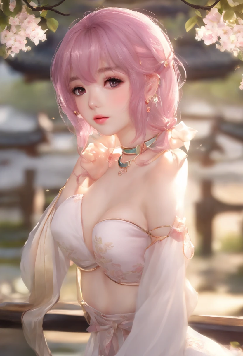 1girl in, (ulzzang-6500:0.7), Kpop Idol, Yae Miko, bikini of, Detached sleeves, Bare shoulders, Pink hair, Long hair, bikini of, Best Quality, (Painting:1.5), (Hair Ornament:1.35), Jewelry, Purple eyes, earrings, breasts, torii, cherryblossom, Lantern light, depth of fields, Detailed face, Face Focus, bow ribbon_trim, (Looking at Viewer:1.25), nontraditional miko, Shiny skin, Long sleeves, Smile, thick lips, Game CG, Hands on lips, East Asian Architecture, (Blurry background:1.2), Sitting, Upper body, bikini of