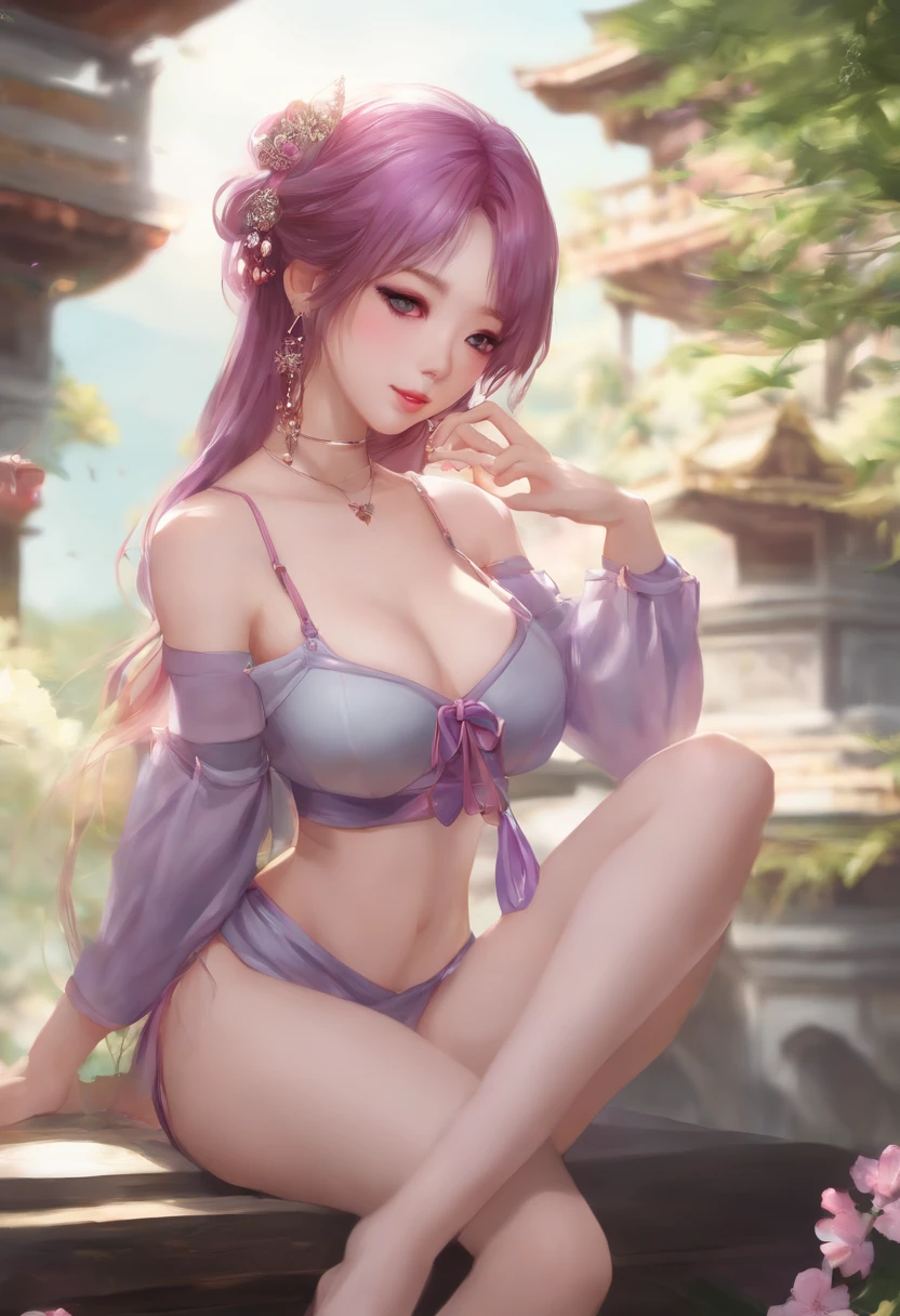 1girl in, (ulzzang-6500:0.7), Kpop Idol, Yae Miko, bikini of, Detached sleeves, Bare shoulders, Pink hair, Long hair, bikini of, Best Quality, (Painting:1.5), (Hair Ornament:1.35), Jewelry, Purple eyes, earrings, , torii, cherryblossom, Lantern light, depth of fields, Detailed face, Face Focus, bow ribbon_trim, (Looking at Viewer:1.25), nontraditional miko, Shiny skin, Long sleeves, Smile, thick lips, Game CG, Hands on lips, East Asian Architecture, (Blurry background:1.2), Sitting, Upper body, bikini of