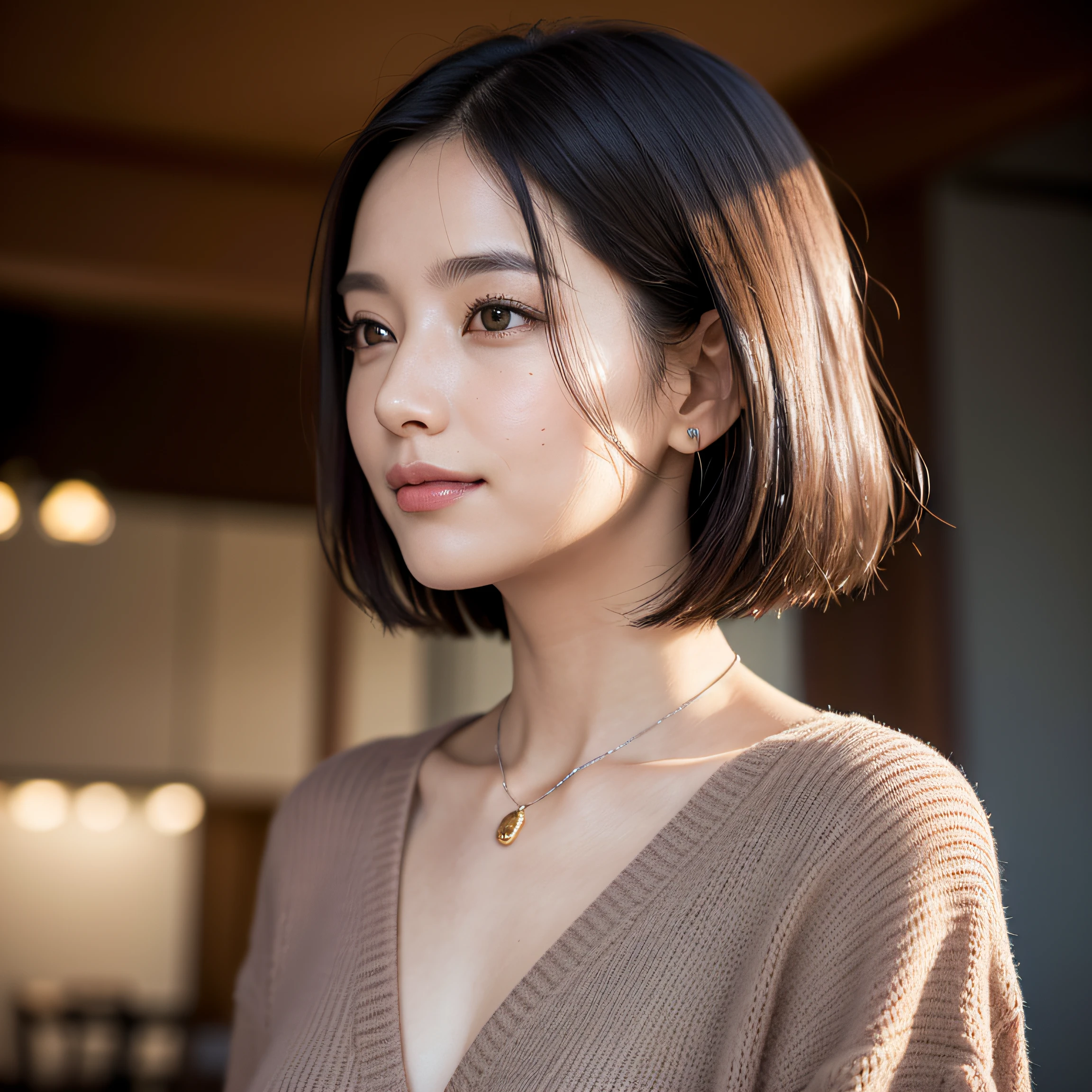 (8K, top-quality, ​masterpiece:1.3, 超A high resolution, A hyper-realistic), High Detail, (Face like the real thing), Photorealsitic, Raw foto, ((one beautiful women)), Detailed face, beautidful eyes, realisticeyes, Eyes in Beautiful Details, (real looking skin), Beautiful skins, enticing, depth of fields, hight resolution, High pixel count, ((Sideways face, Looking away, Don't look your audience in the eye, Don't look at the camera)), fashionable cafe, The background is also in the picture, clear details, sharp photo, Natural color reproduction, Noise Reduction, High fidelity, Small pendant in silver color, A small necklace in silver color, (Wine-colored light knit U-neck shirt, Neat and clean clothing, Clothing that makes it difficult to see the chest, Clothing that makes it difficult to see the chest, Clothing that hides the chest), small tits, Sexy lips, Ears are visible, a smile, kindly smile, Beautiful skins, enticing, the golden ratio, (Detal Face:1.2), profetional lighting, Lighting the face, best light, japanes, A Japanese Lady, Japan Mature Woman, a matural female, Short Bob Hair, ((36-years old, Beautiful, Wrinkles on the face, Wrinkles at the corners of the eyes, Nasolabial fold wrinkles, Small wrinkles, Beautiful, Beautiful Aunt, Moderate moles, Small mole on the face))