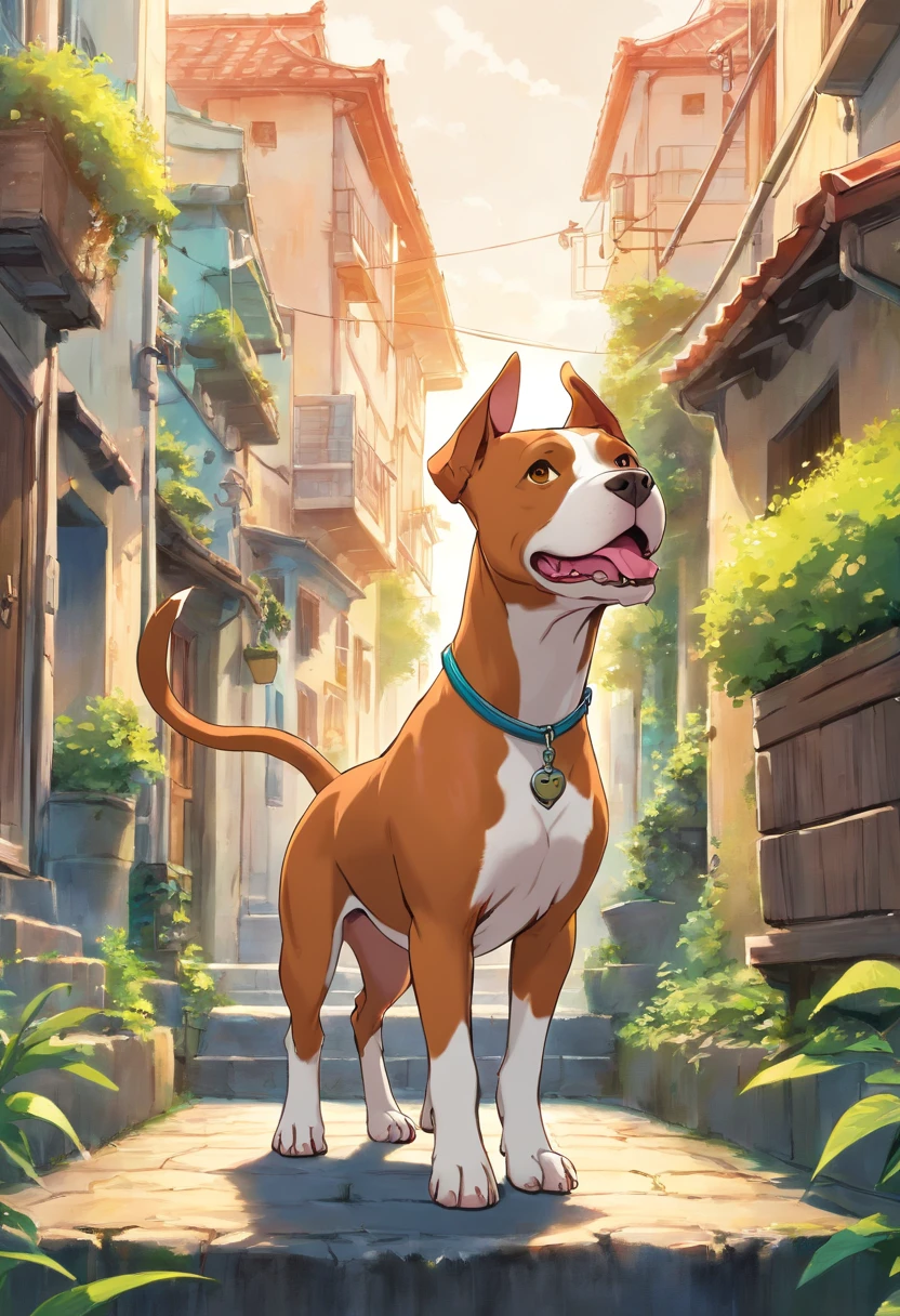 one dog pitbull Paisagem urbana de estilo europeu Uma encosta com vista para o mar, com um rapaz de cabelo branco alto e muito magro