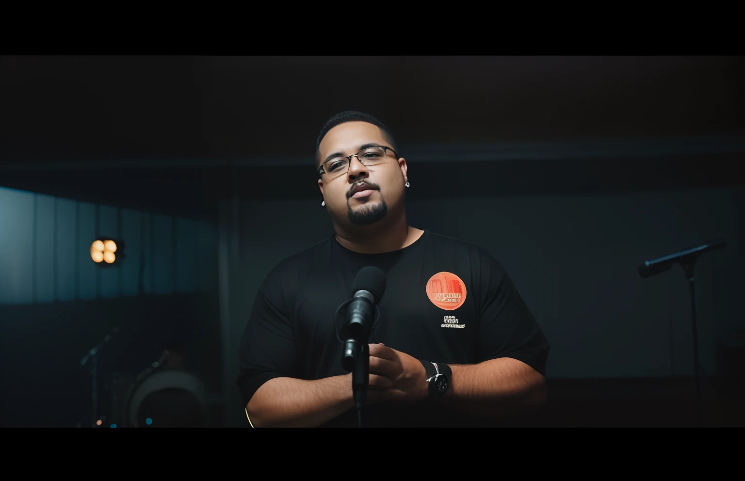 There's a man with a microphone in his hand, still from a music video, youtube video screenshot, Atarracado, Videoclipe oficial, Tirado com Canon 5D MK4, segurando um microfone, Streamer do Twitch / Jogador Ludwig, innblásinn af Ásgrími Jónssyni, Executando um videoclipe, sentado em frente a um microfone, videoclipe