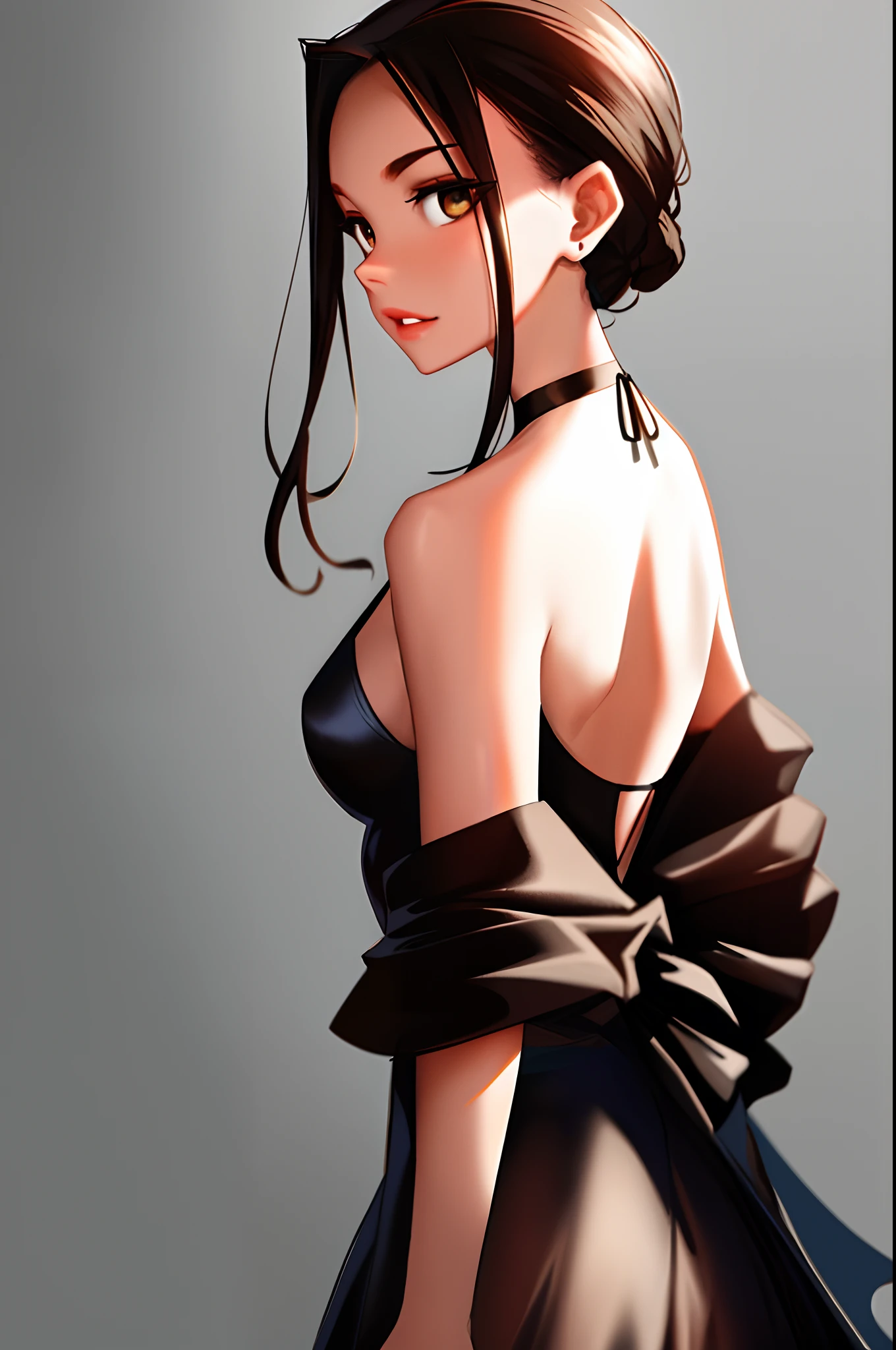 sam yang, 1girll, back, Bare shoulders and back, 黑The eye, dark circles, brown hair, 耳Nipple Ring, jewely,black dressed evening dress, cparted lips, long whitr hair, looking at viewert, back to look back, choker necklace, cropped shoulders, Lips half open, sportrait, daysies, depth of fields, 独奏, ((tmasterpiece))