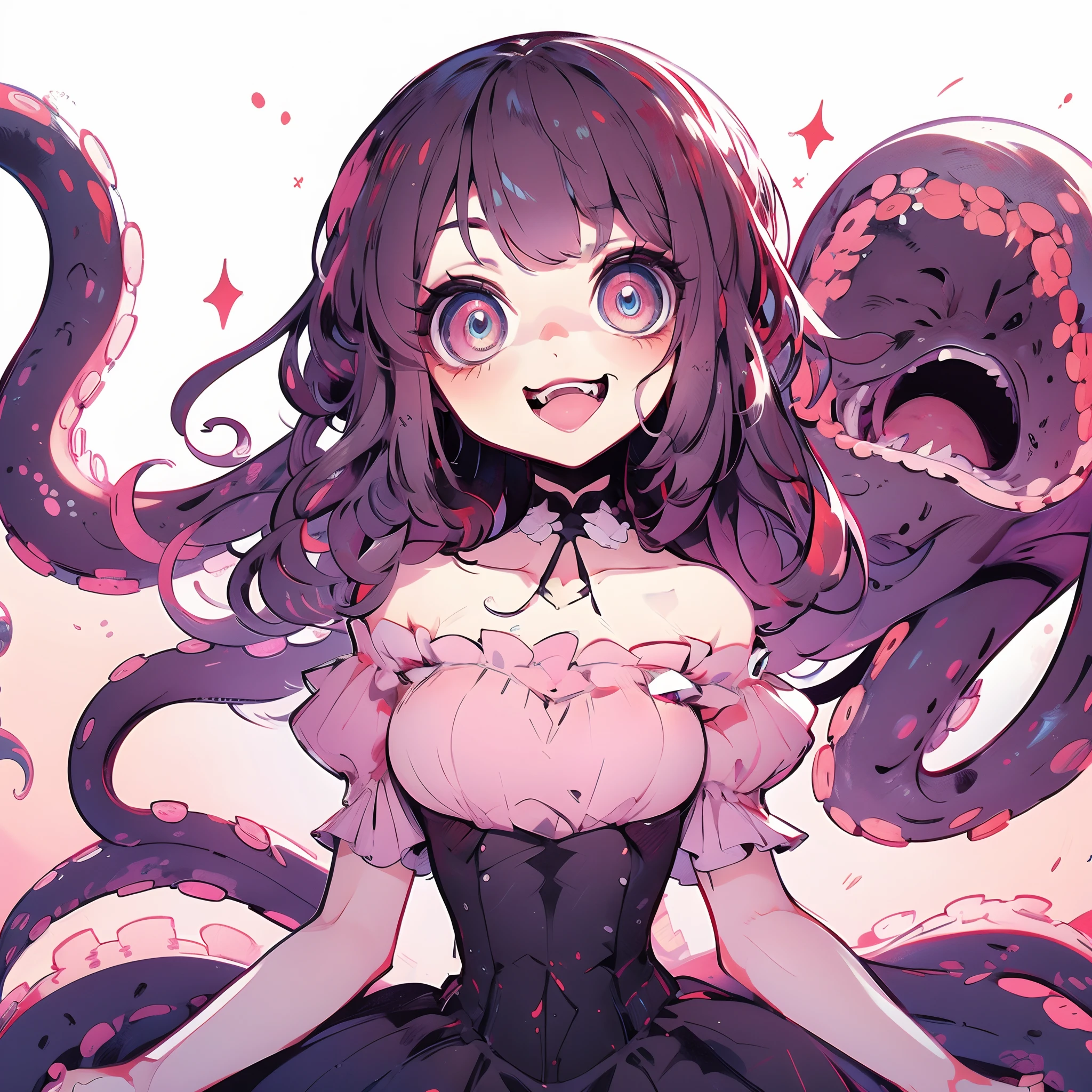 girl with dress. anime style illustration. It's a girl with tentacles. At the end of the tentacle is a mouth. Girl with wide eyes. Her eyes are shining. She grins.Crazy Eye Expression.