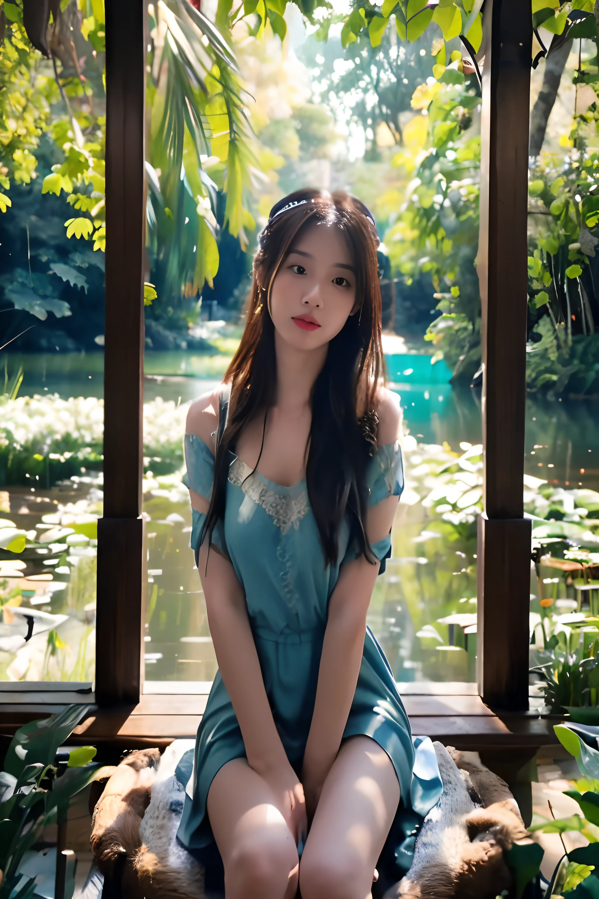 It shows a beautiful western lake and green fields...On one side of the lake there is a towering peak..，A little boy sitting in a gazebo.., On the other side is a dense forest...All images are colorful..、refreshing & natural，4K quality，oil painting,Photos in Thailand,The water is so clear that you can see the fish..,UHD,Morning atmosphere, RAW photography, (((Very beautiful images.))), (Very beautiful images.))), , , ((, ((masterpiece, bestquality, ultra-detail, cinematic lights, intricate detailed, high-res, 10, Very detailed)), Detailed Background, 10 UHD, DSLR, gentle lighting, High Quality, grain of film, Fujifilm XT3, shallow depth of field, natural light, perfect composition