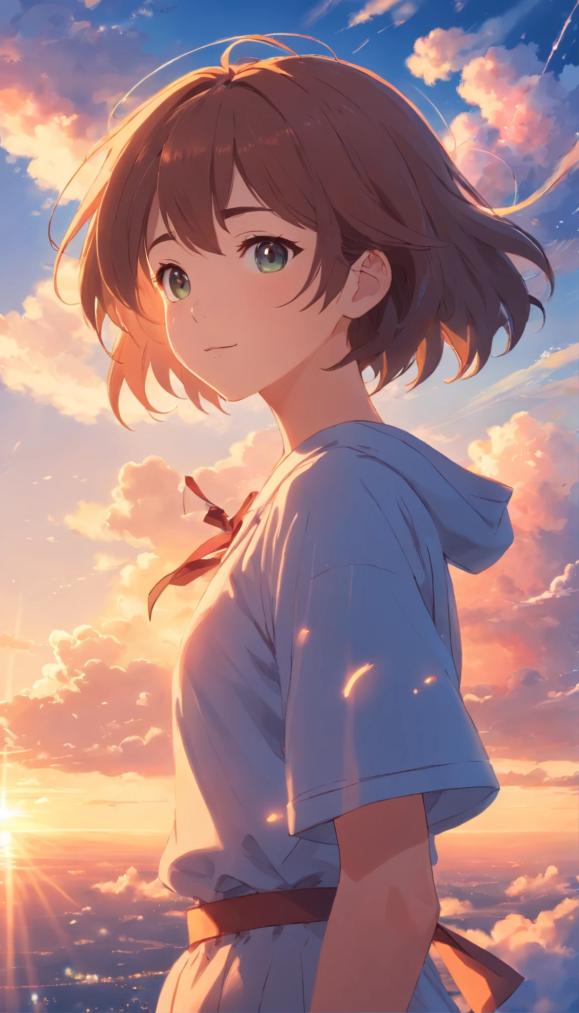 masterpiece, best quality, movie still, 1girl, cloud girl, floating in the sky, close-up, bright, happy, warm soft lighting, sunset, (sparks:0.7)