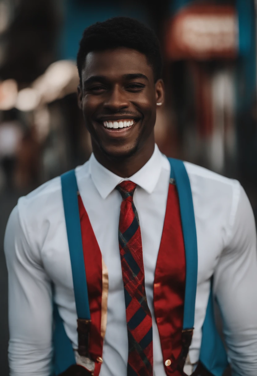 Jovem negro inspirado no ator principal do filme corra Uma imagem Pixel sorrindo Dentes falhado Terno azul camisa social branca gravata vermelha