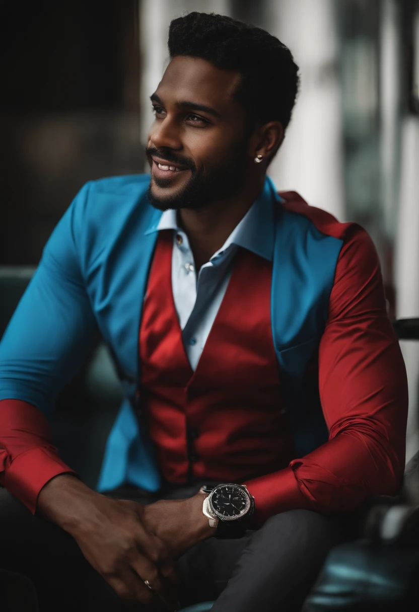Jovem negro inspirado no ator principal do filme corra Uma imagem Pixel sorrindo Dentes falhado Terno azul camisa social branca gravata vermelha