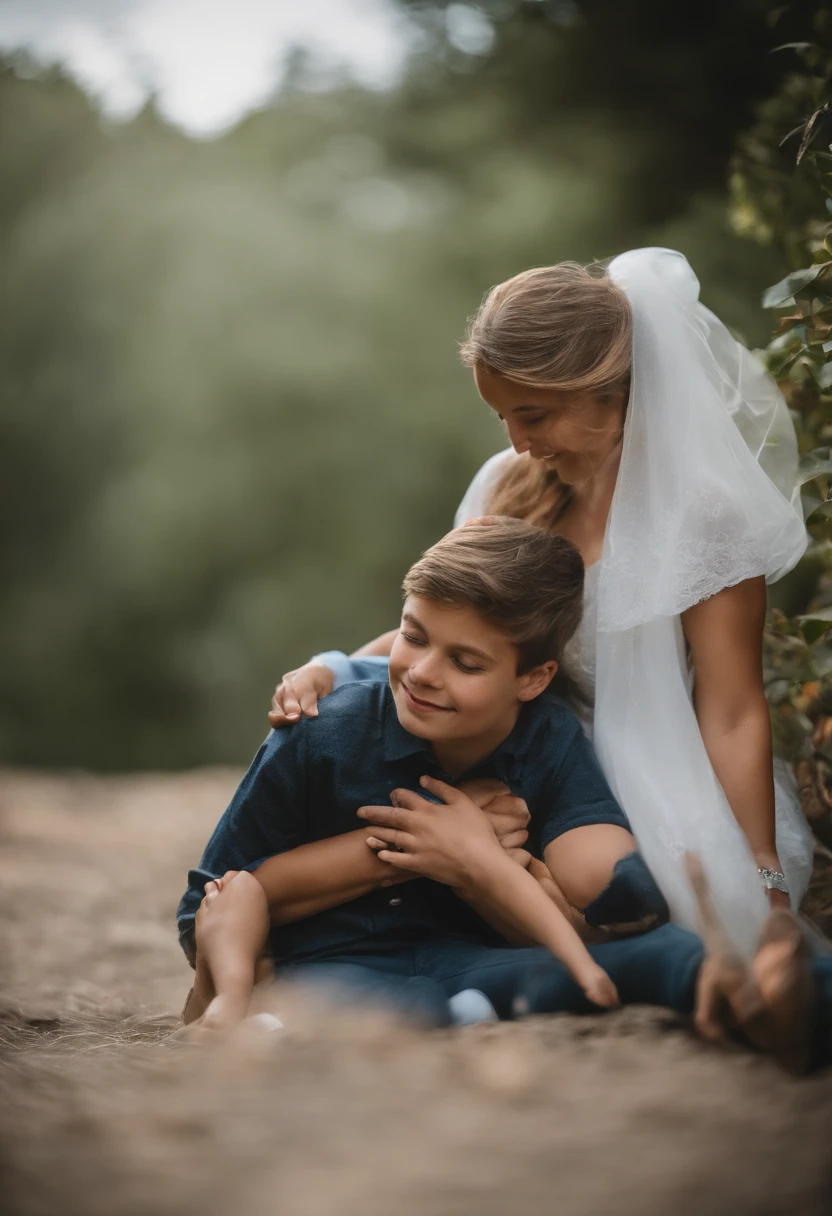 Homem: 36 anos e feliz, mulher com 42 anos e apaixonada pelos filhos, menino com 8 anos  sempre fazendo careta, menino com 6 anos sorridente e feliz