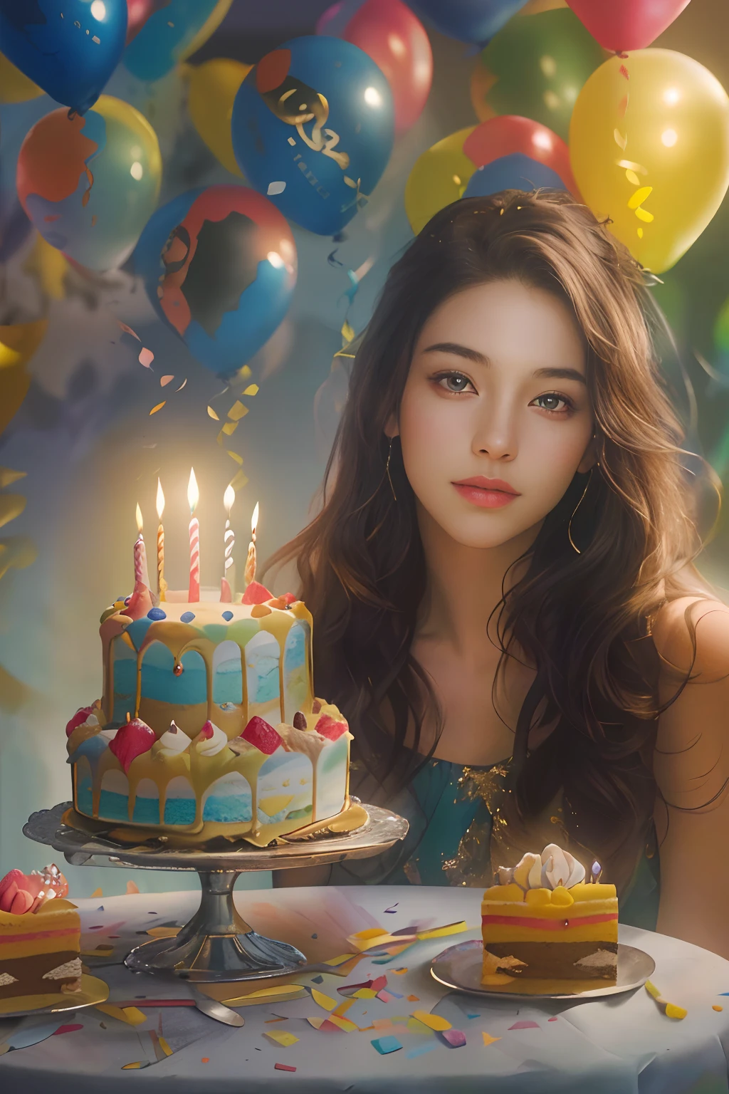 (a beautiful girl celebrating her birthday, birthday cake, surreal portrait, official art aesthetics),(best quality, 4k, highres, masterpiece:1.2), ultra-detailed, (realistic, photorealistic:1.37), portraits, vibrant colors, soft lighting